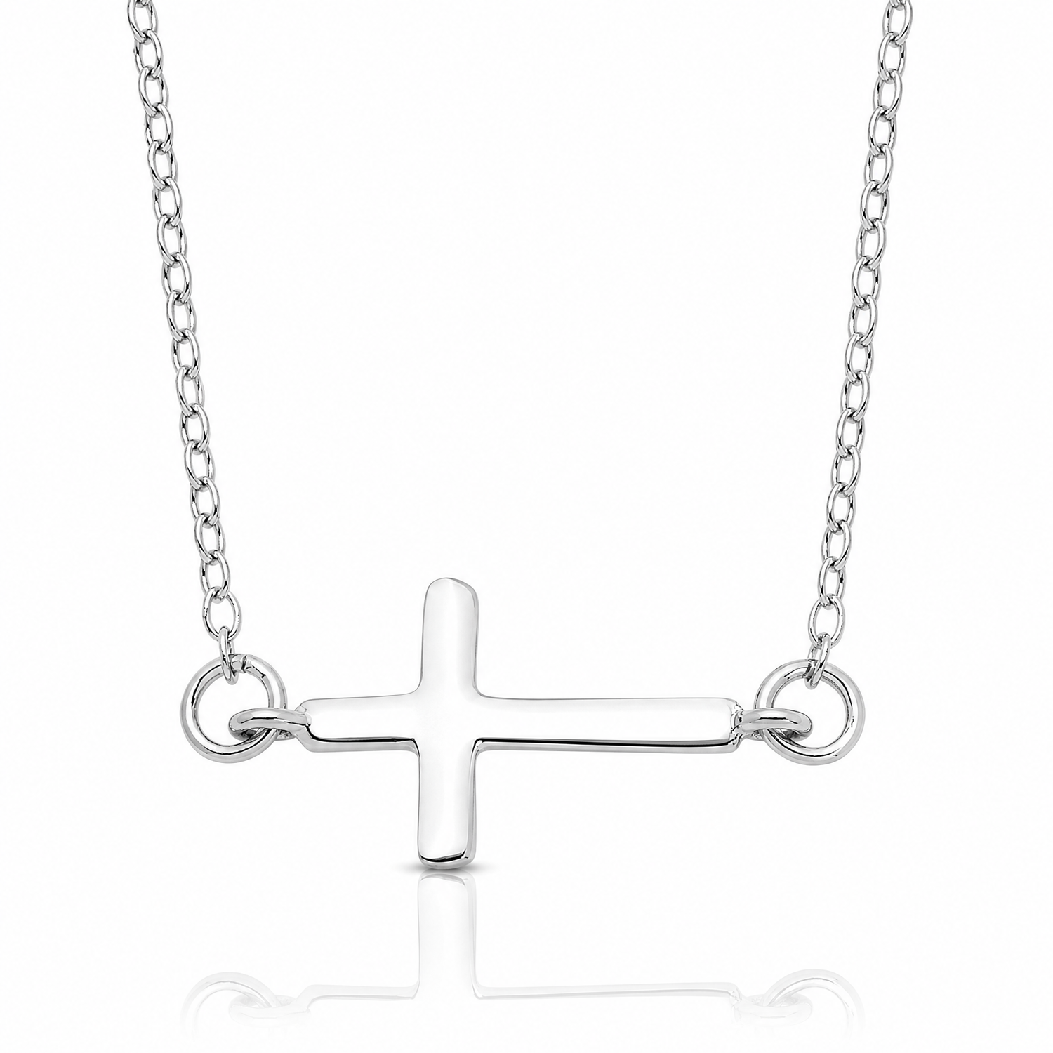 Sterling Silver Rhodium-plated w/ 2in ext. Sideways Cross Necklace - Lifestyle View