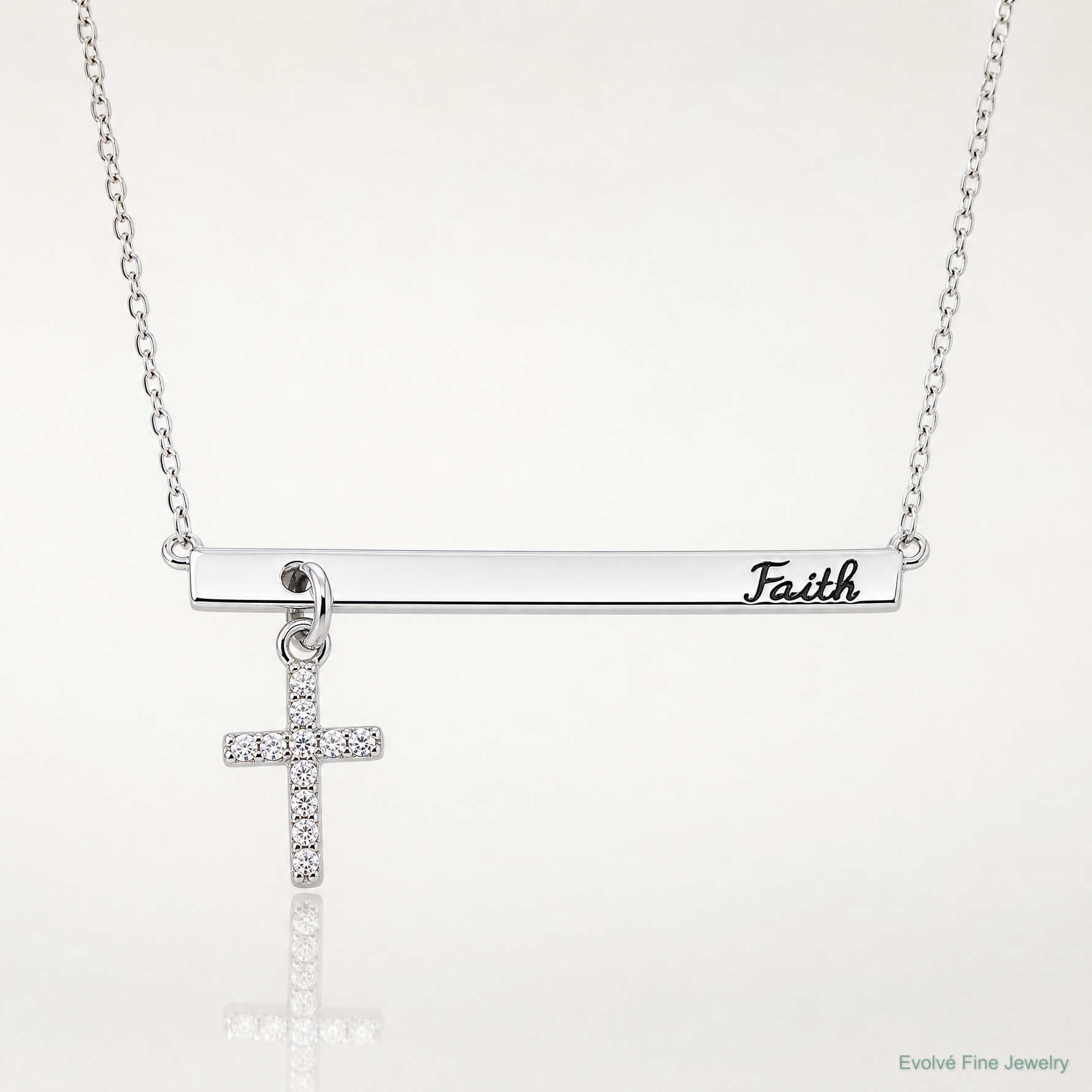 Sterling Silver RH-plated CZ Cross Enamel FAITH 16in w/2inext. Bar Necklace - Lifestyle View