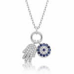 Sterling Silver Rhod-plated CZ Eye and Hamsa Charm Necklace - Lifestyle View