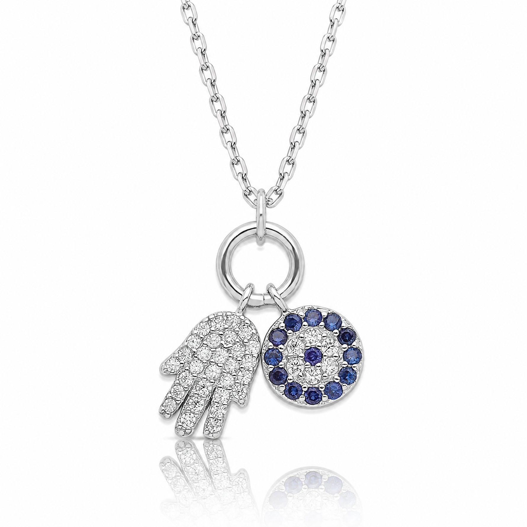Sterling Silver Rhod-plated CZ Eye and Hamsa Charm Necklace - Lifestyle View