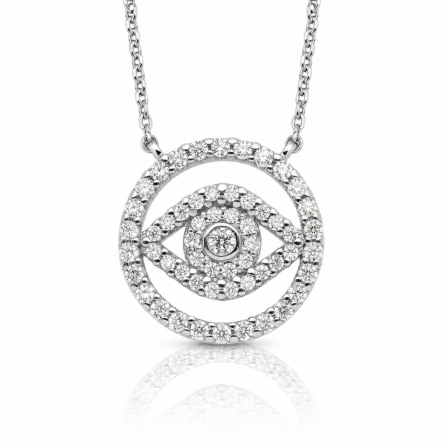 Sterling Silver Rhodium Plated CZ Evil Eye Necklace w/2in ext. - Lifestyle View