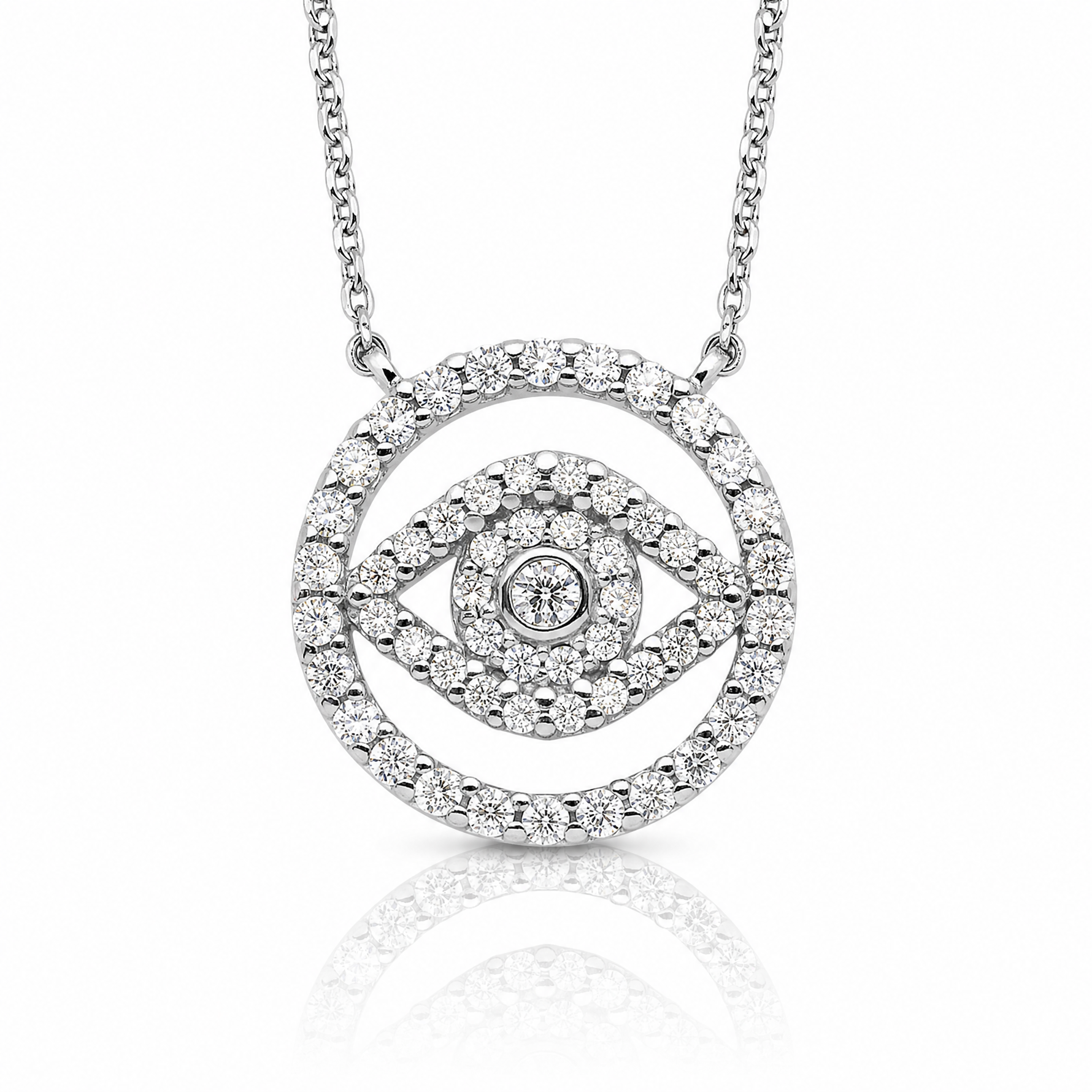 Sterling Silver Rhodium Plated CZ Evil Eye Necklace w/2in ext. - Lifestyle View