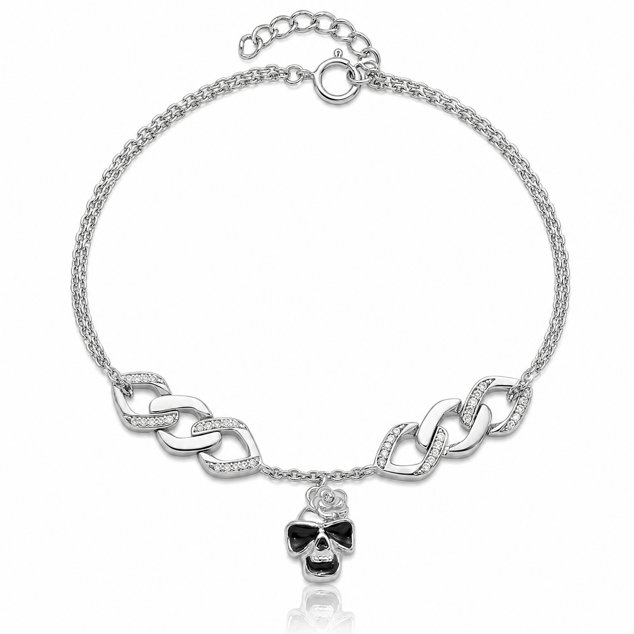 Sterling Silver RH CZ Enamel Skull w/Flower 6.5in w/1in ext Bracelet - Lifestyle View