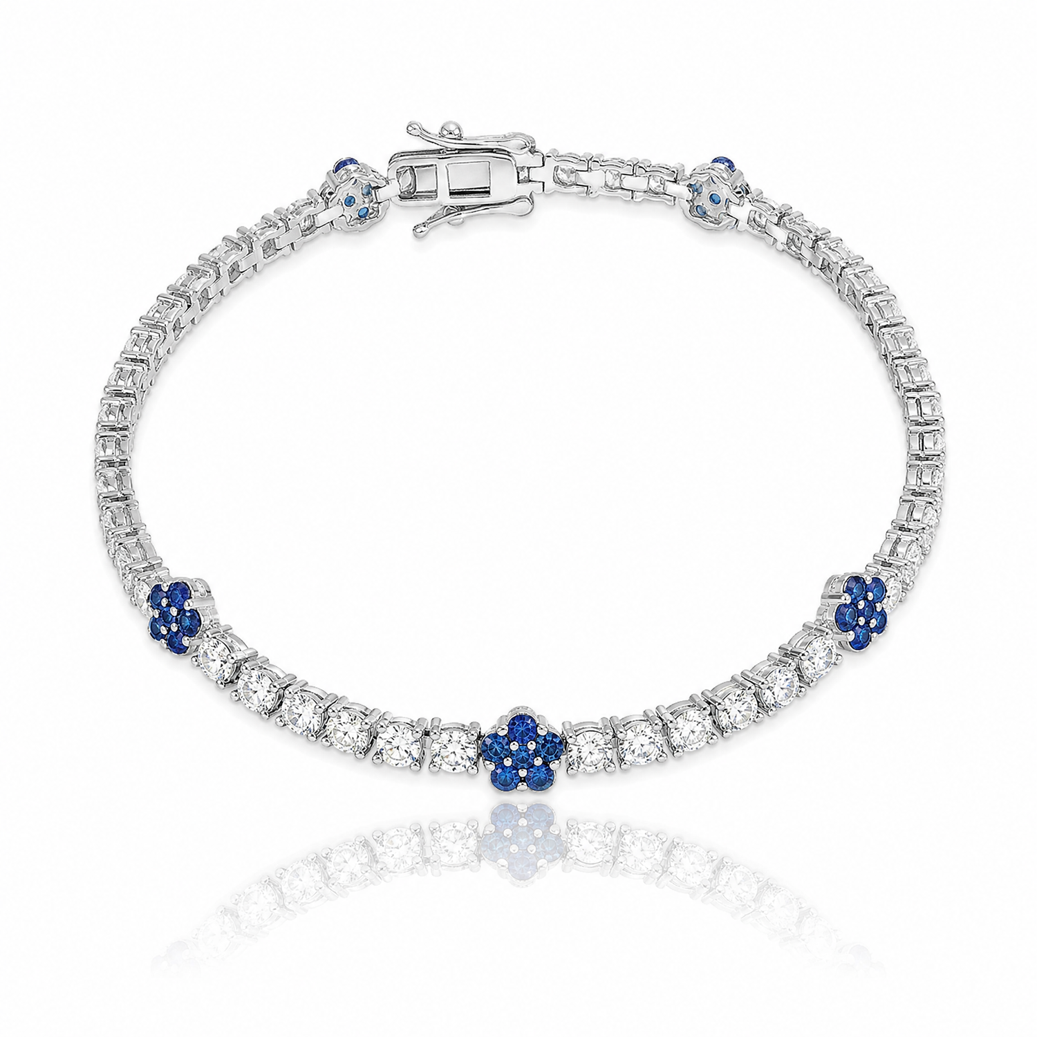 Sterling Silver Rhodium-plated Cr Blue Spinel & CZ Flower 7in Bracelet - Lifestyle View