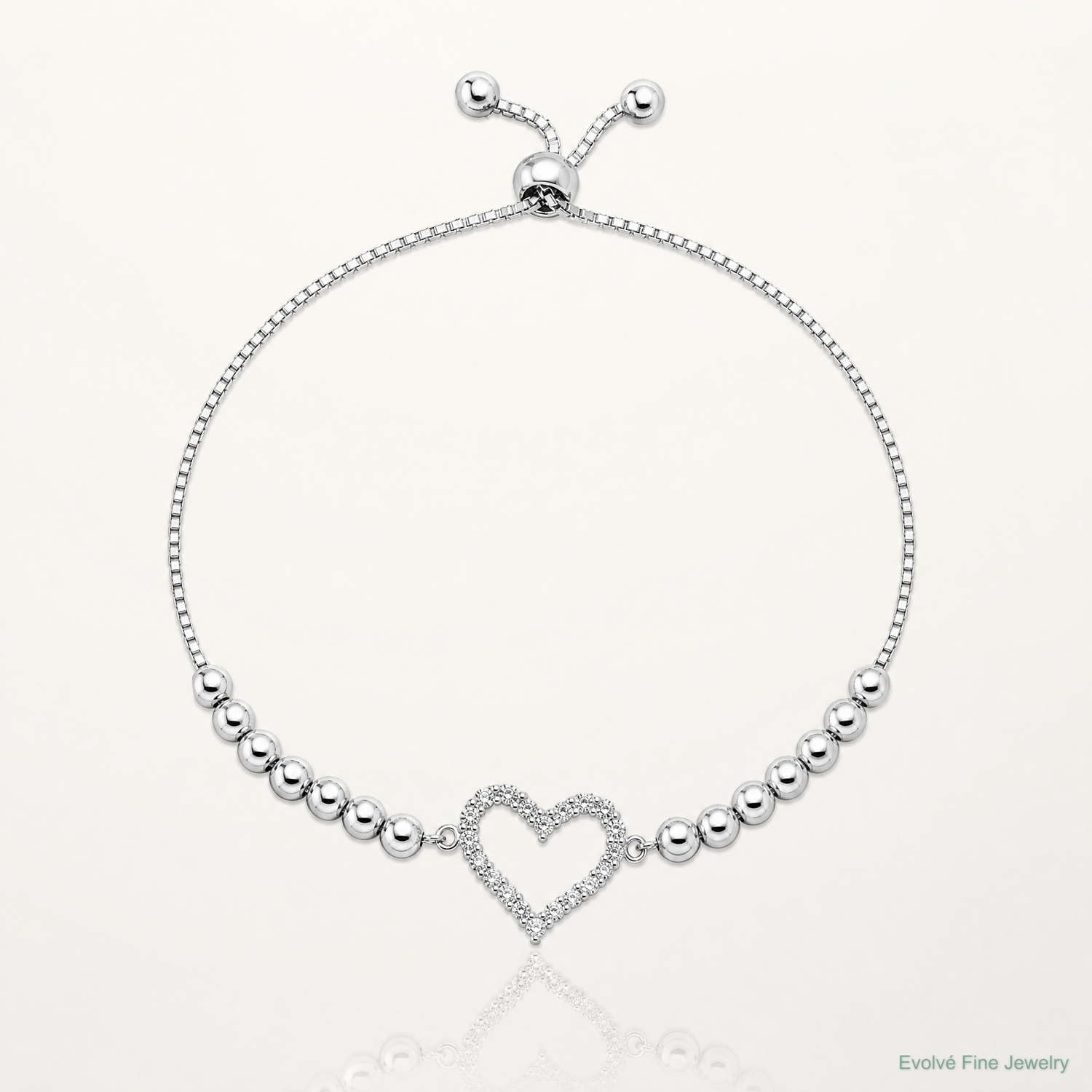 Sterling Silver Rhodium-plated Beaded CZ Heart Adjustable Bracelet - Lifestyle View