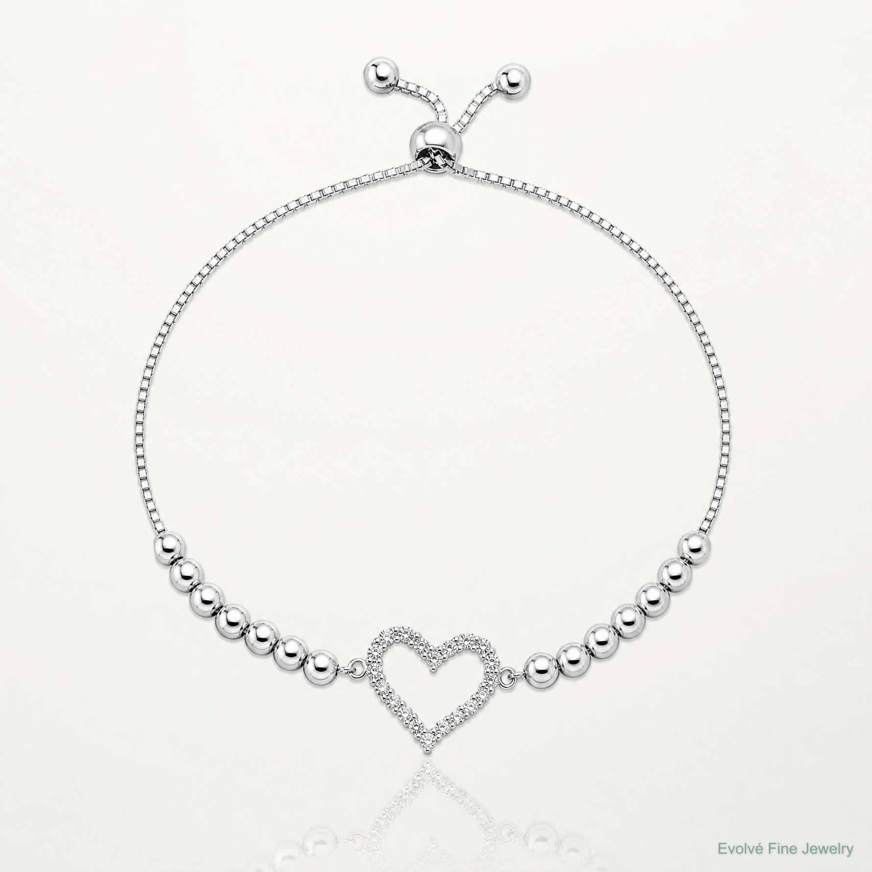 Sterling Silver Rhodium-plated Beaded CZ Heart Adjustable Bracelet - Lifestyle View