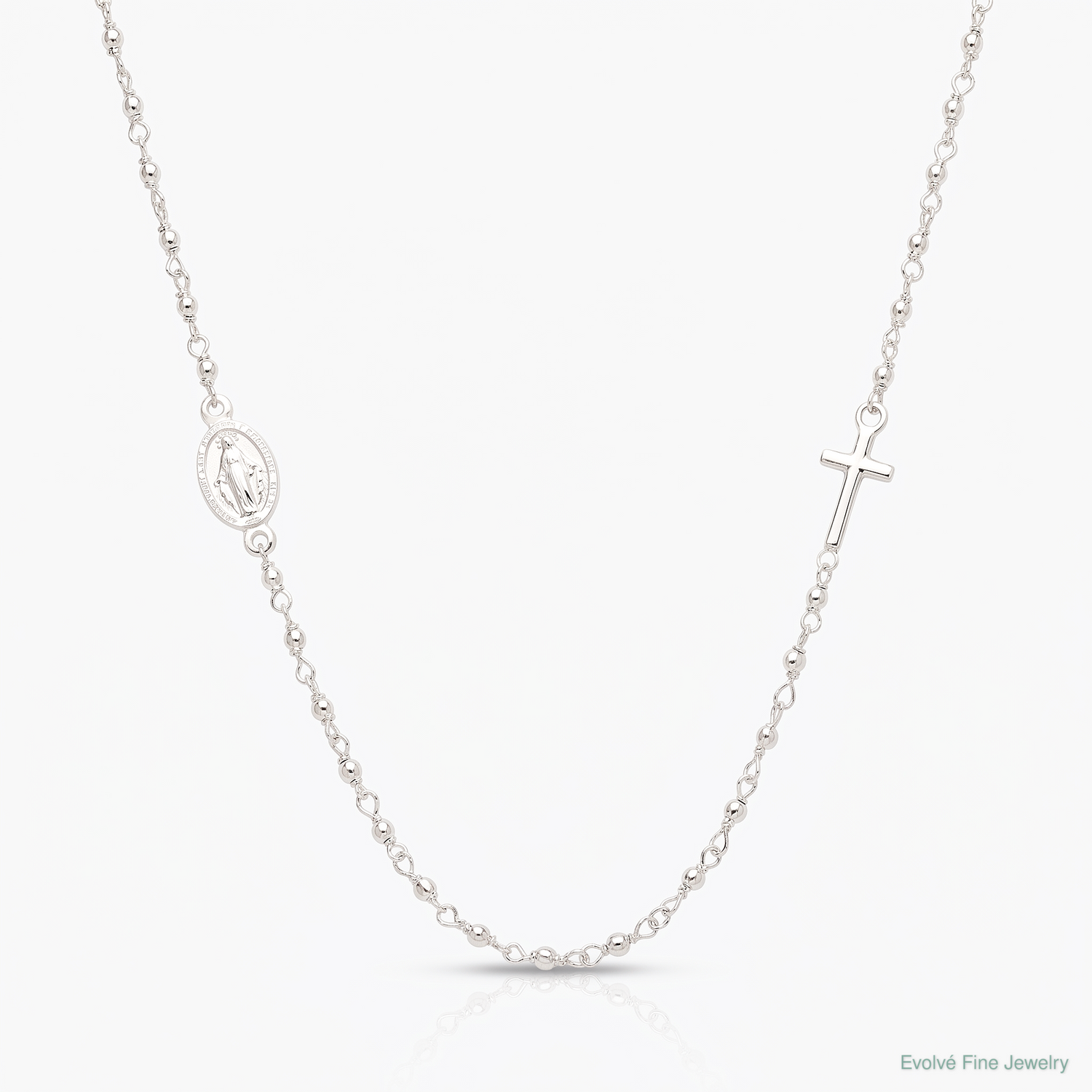 Sterling Silver Medal/Cross w/1.5in ext. Rosary Necklace - Lifestyle View
