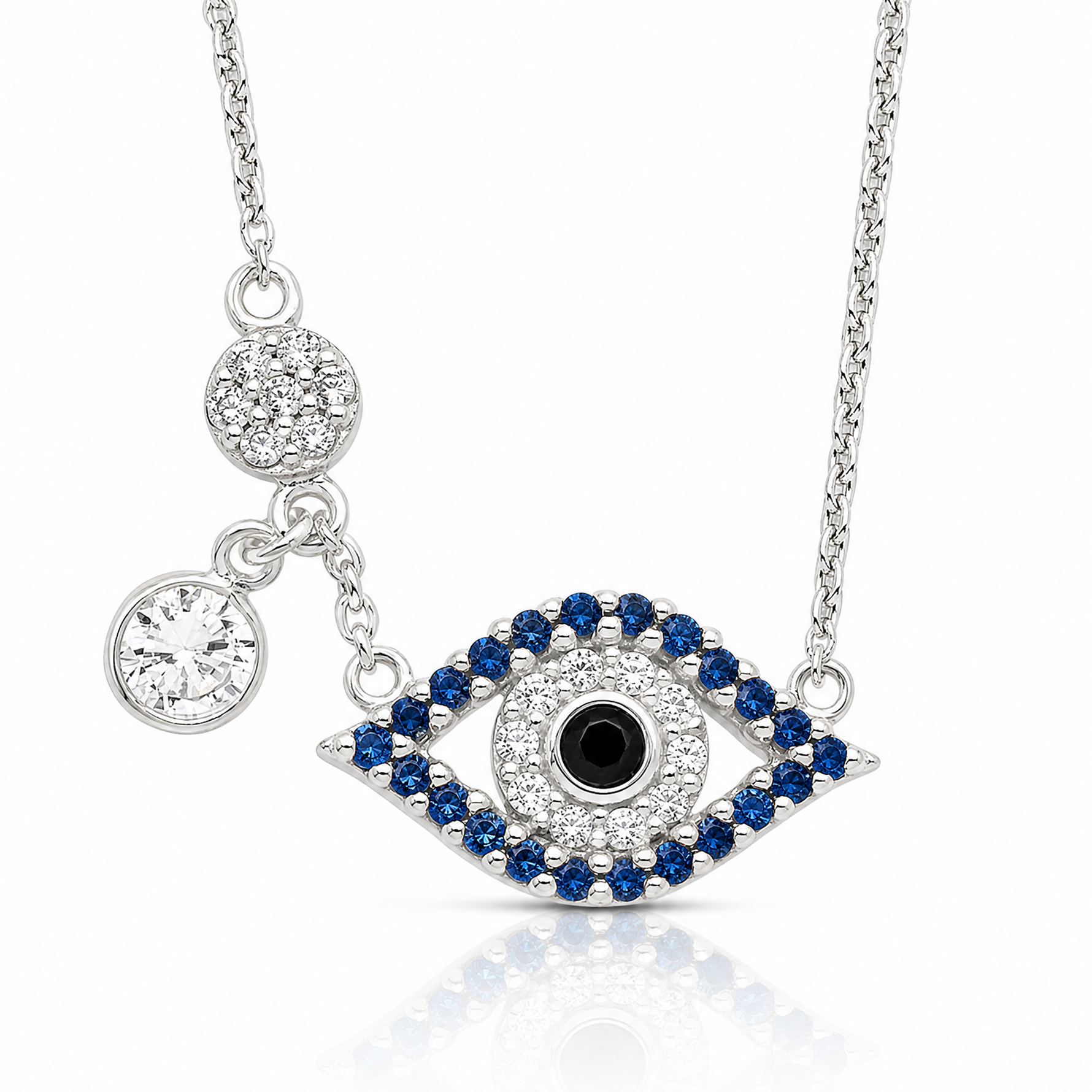Sterling Silver Polished CZ Evil Eye Necklace - Lifestyle View