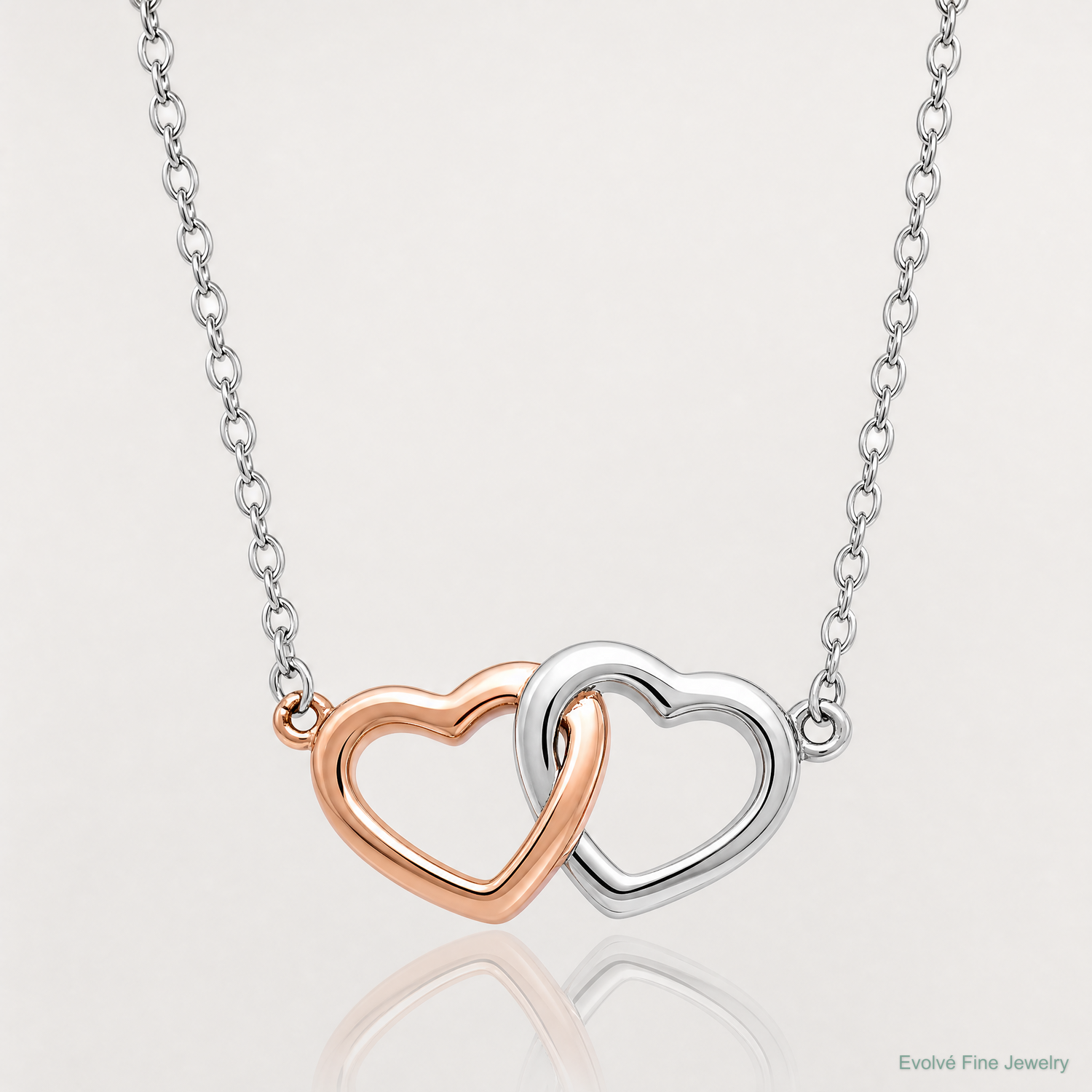 Sterling Silver Rhodium-plated Rose-tone Polished Hearts Necklace - Lifestyle View