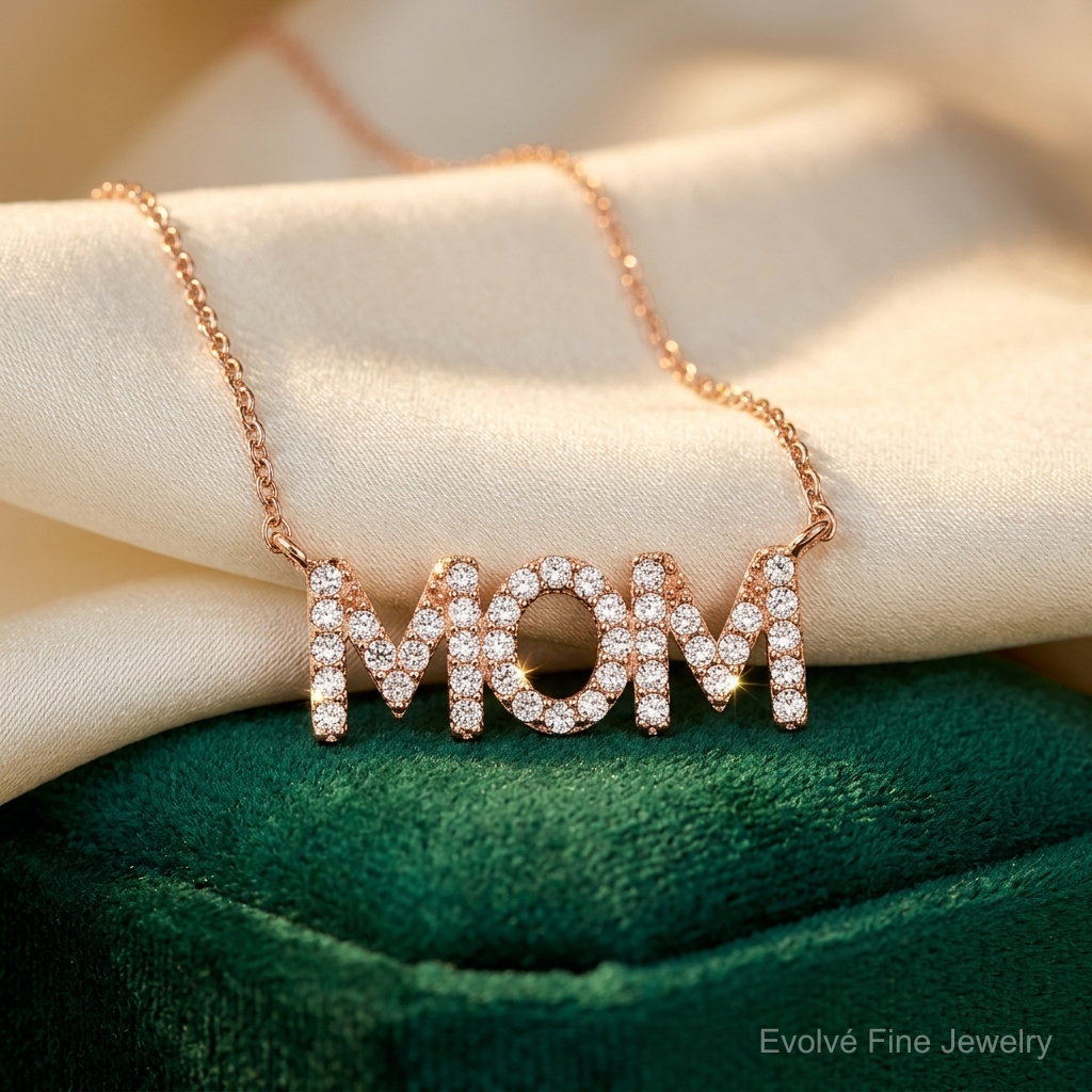 Sterling Silver Polished Rose-tone CZ MOM 18in Necklace - Lifestyle View