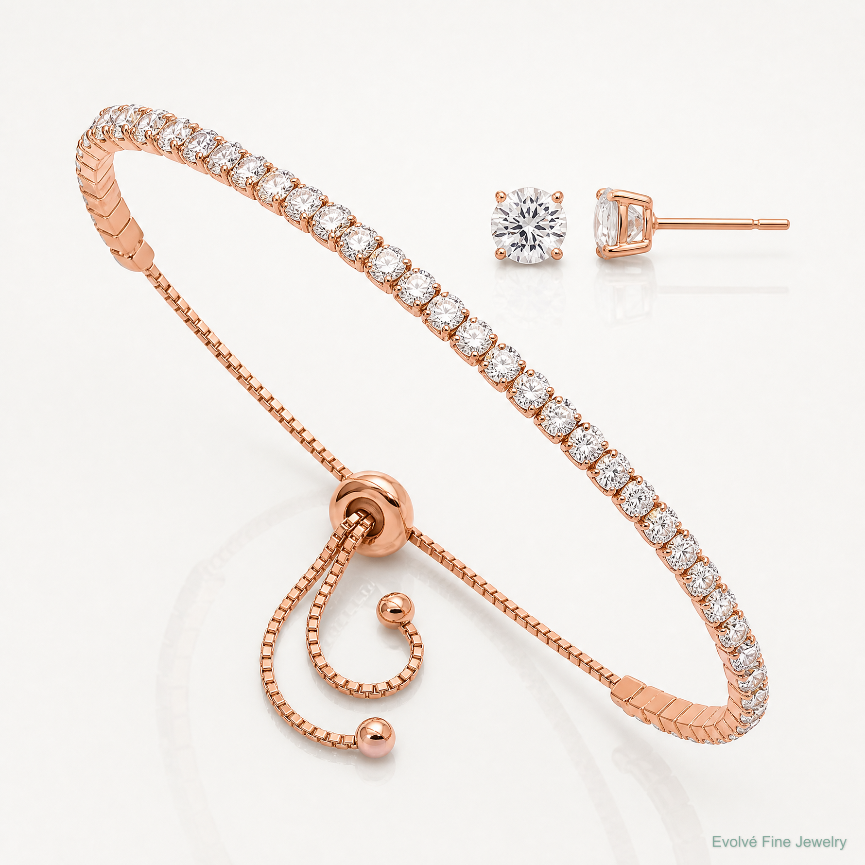 Sterling Silver Rose-tone CZ Adjustable Bracelet and Earring Set - Lifestyle View