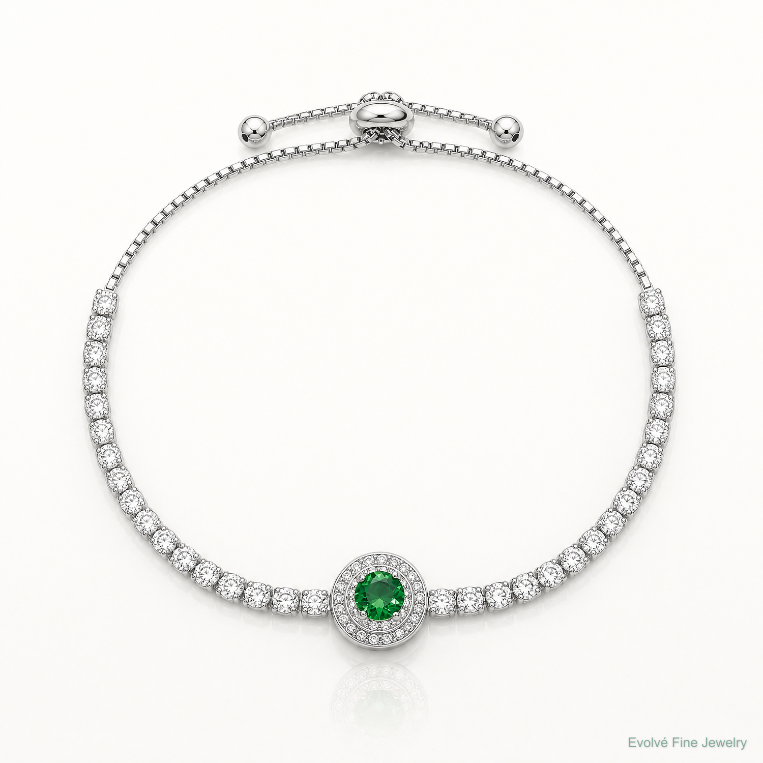 Sterling Silver Rhodium-plated CZ and Green Glass Adjustable Bracelet - Lifestyle View