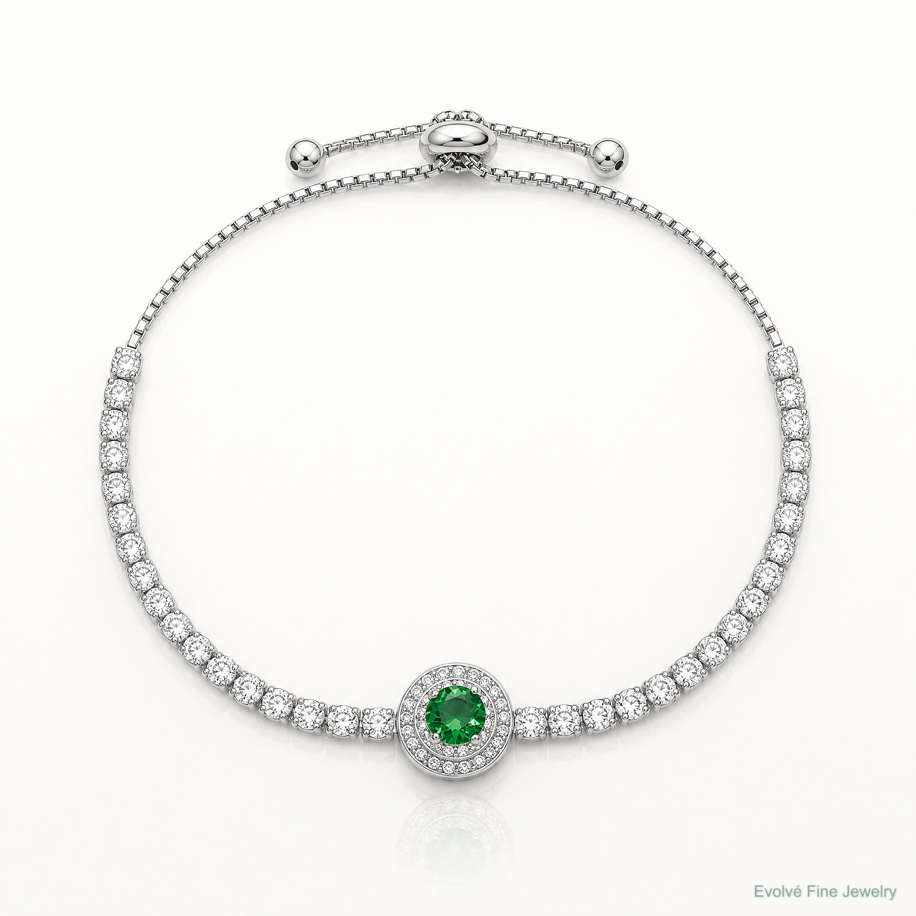 Sterling Silver Rhodium-plated CZ and Green Glass Adjustable Bracelet - Lifestyle View