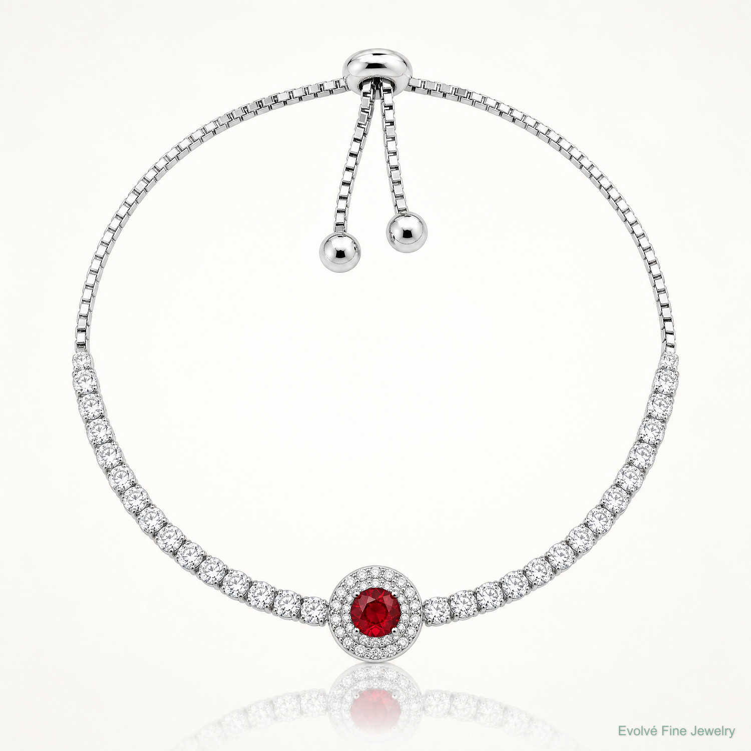Sterling Silver Rhodium-plated CZ and Red Glass Adjustable Bracelet - Lifestyle View