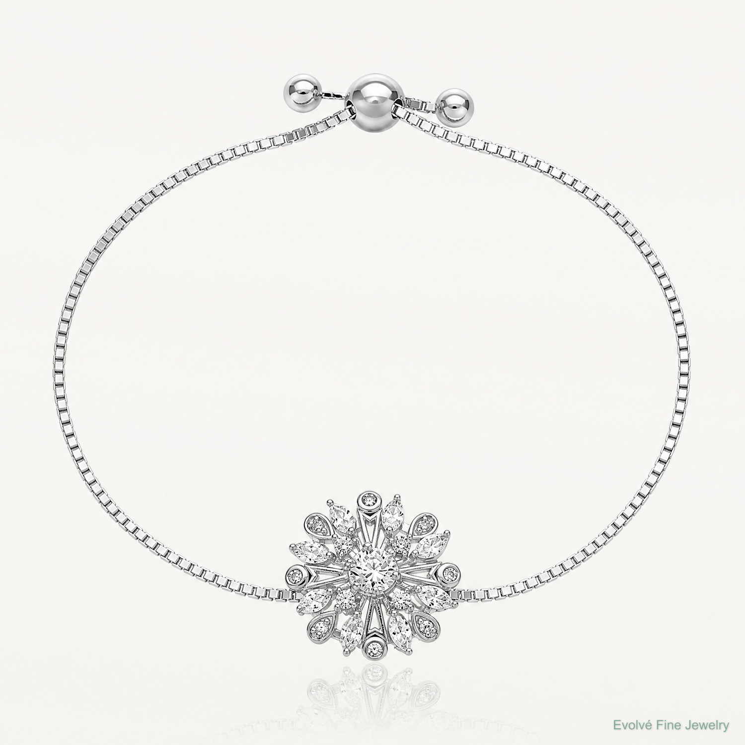 Sterling Silver Rhodium-plated Floral CZ Adjustable Bolo Bracelet - Lifestyle View
