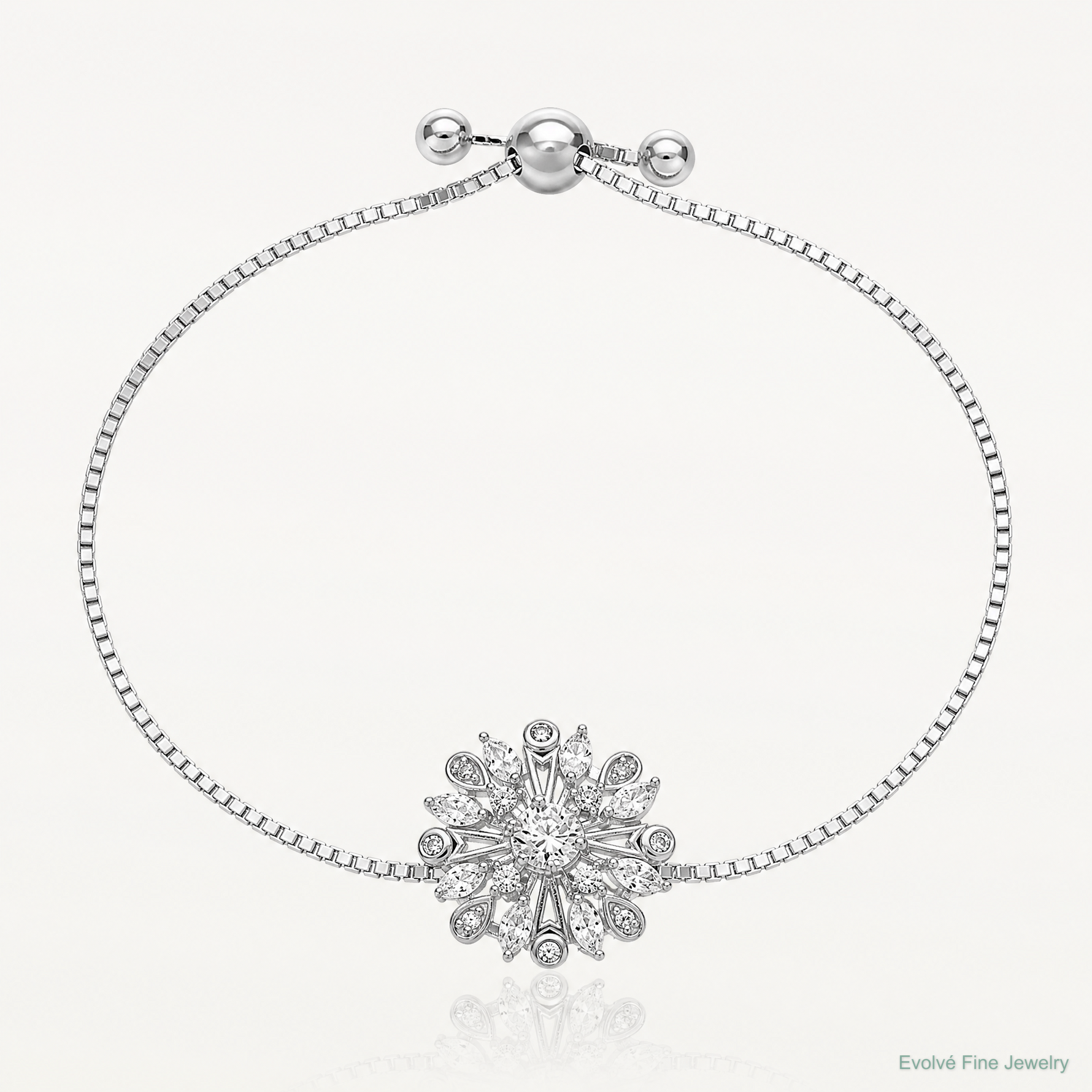 Sterling Silver Rhodium-plated Floral CZ Adjustable Bolo Bracelet - Lifestyle View