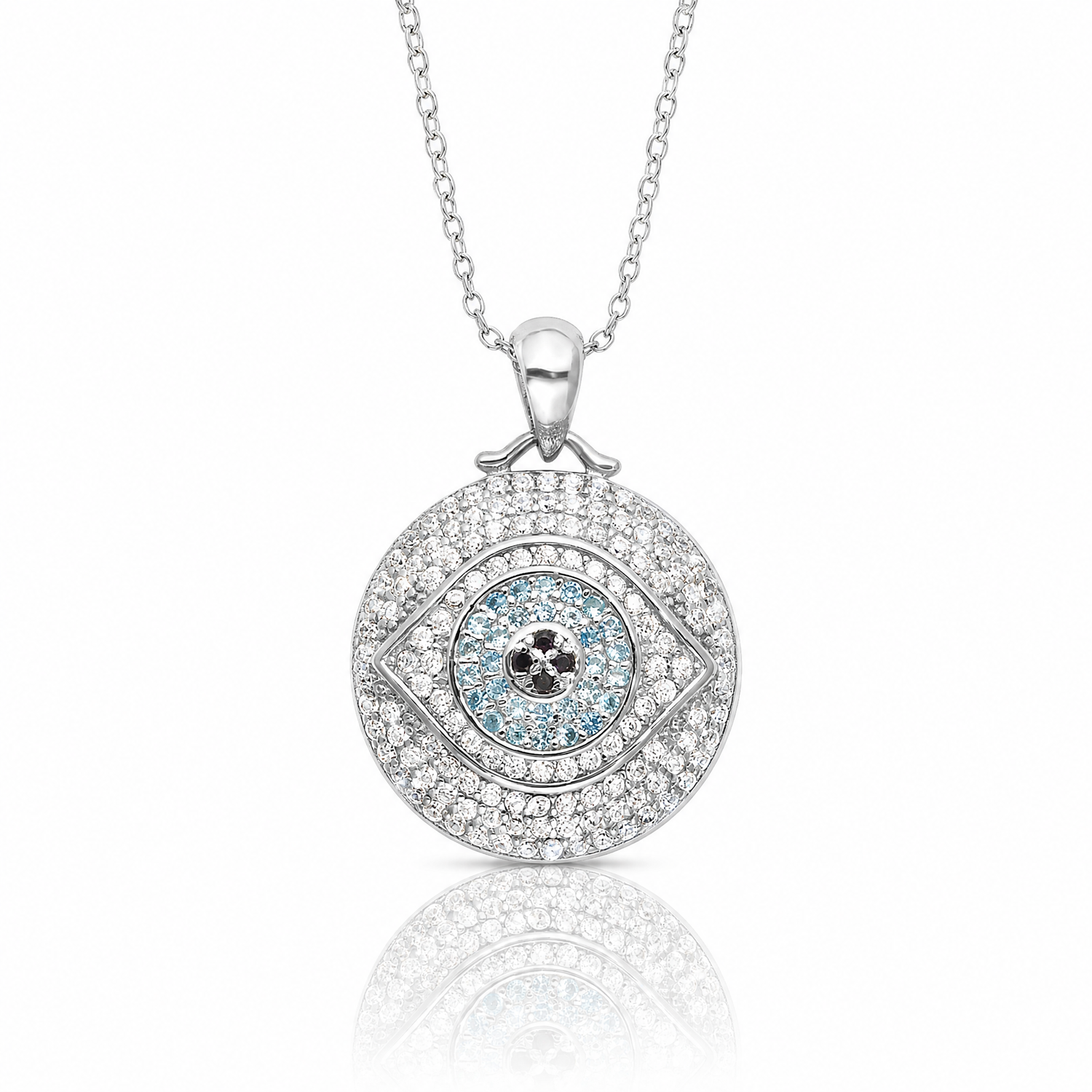 Sterling Silver Rh-plated Created Blue Spinel and CZ Evil Eye 18in Necklace - Lifestyle View