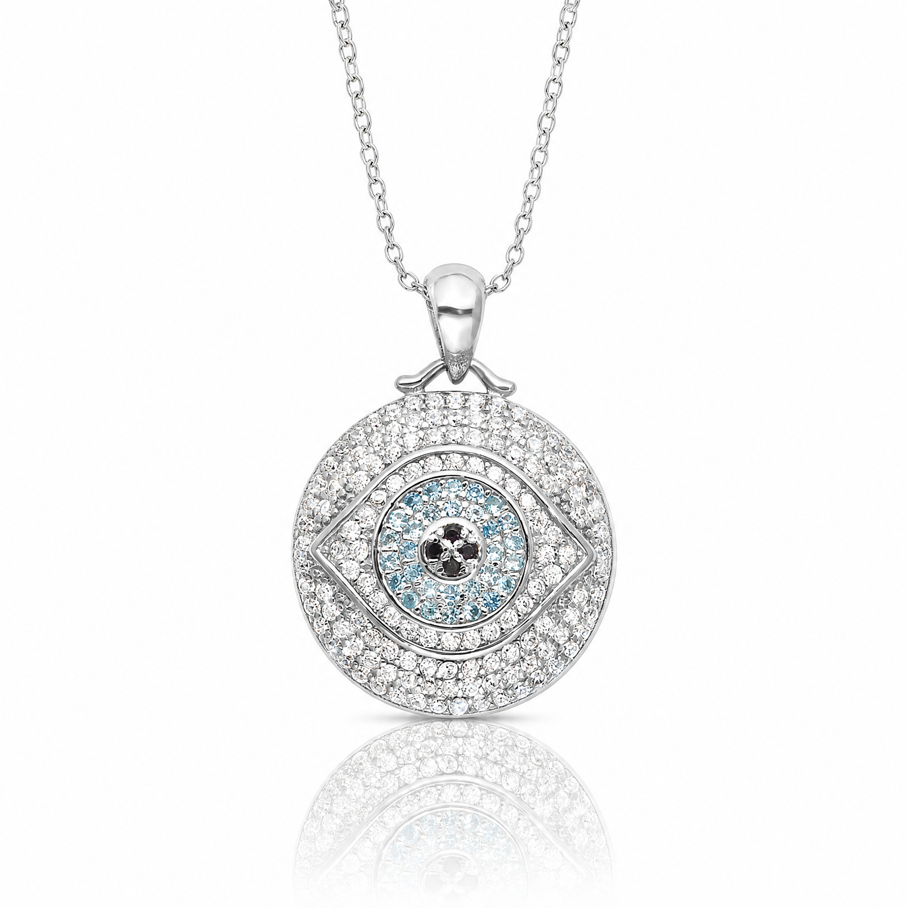 Sterling Silver Rh-plated Created Blue Spinel and CZ Evil Eye 18in Necklace - Lifestyle View