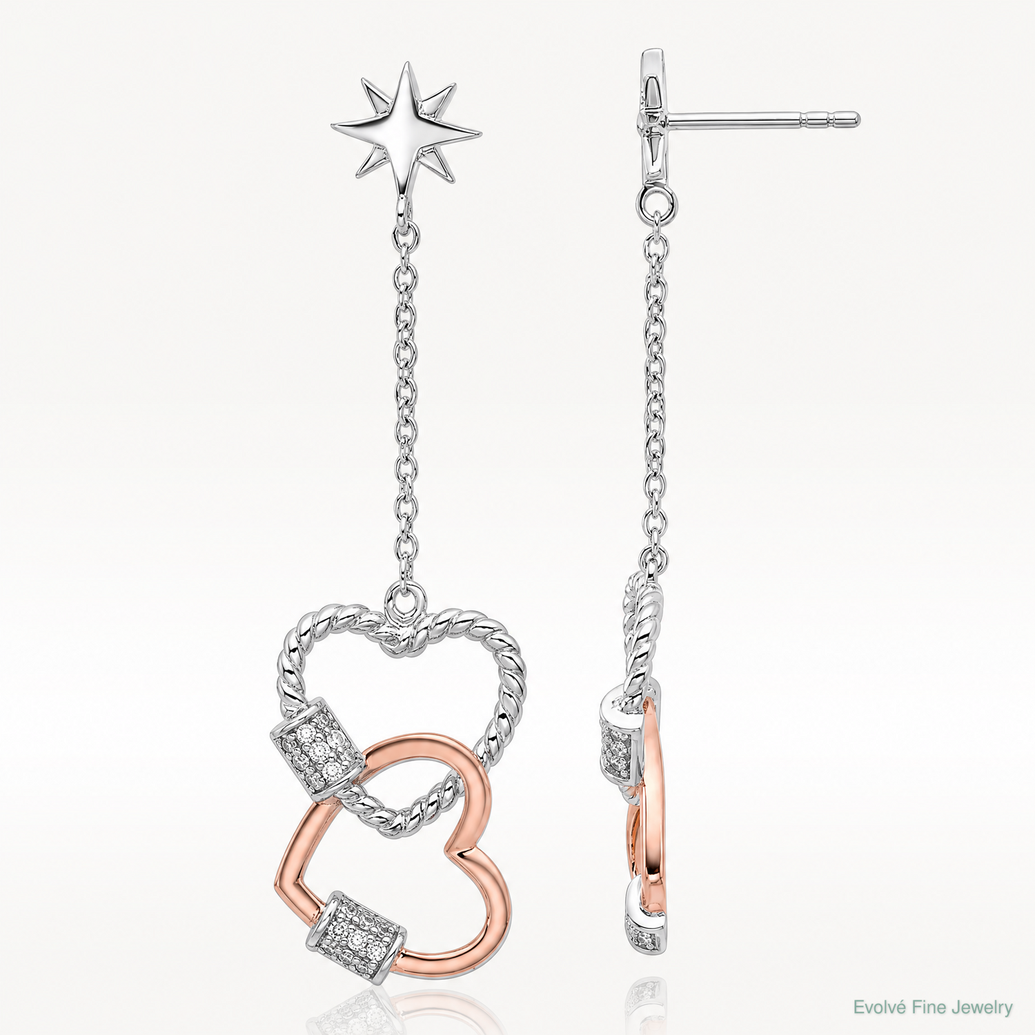 Pure Fire Sterling Silver Rhod-plated Rose-tone CZ Hearts Dangle Post Earri - Lifestyle View