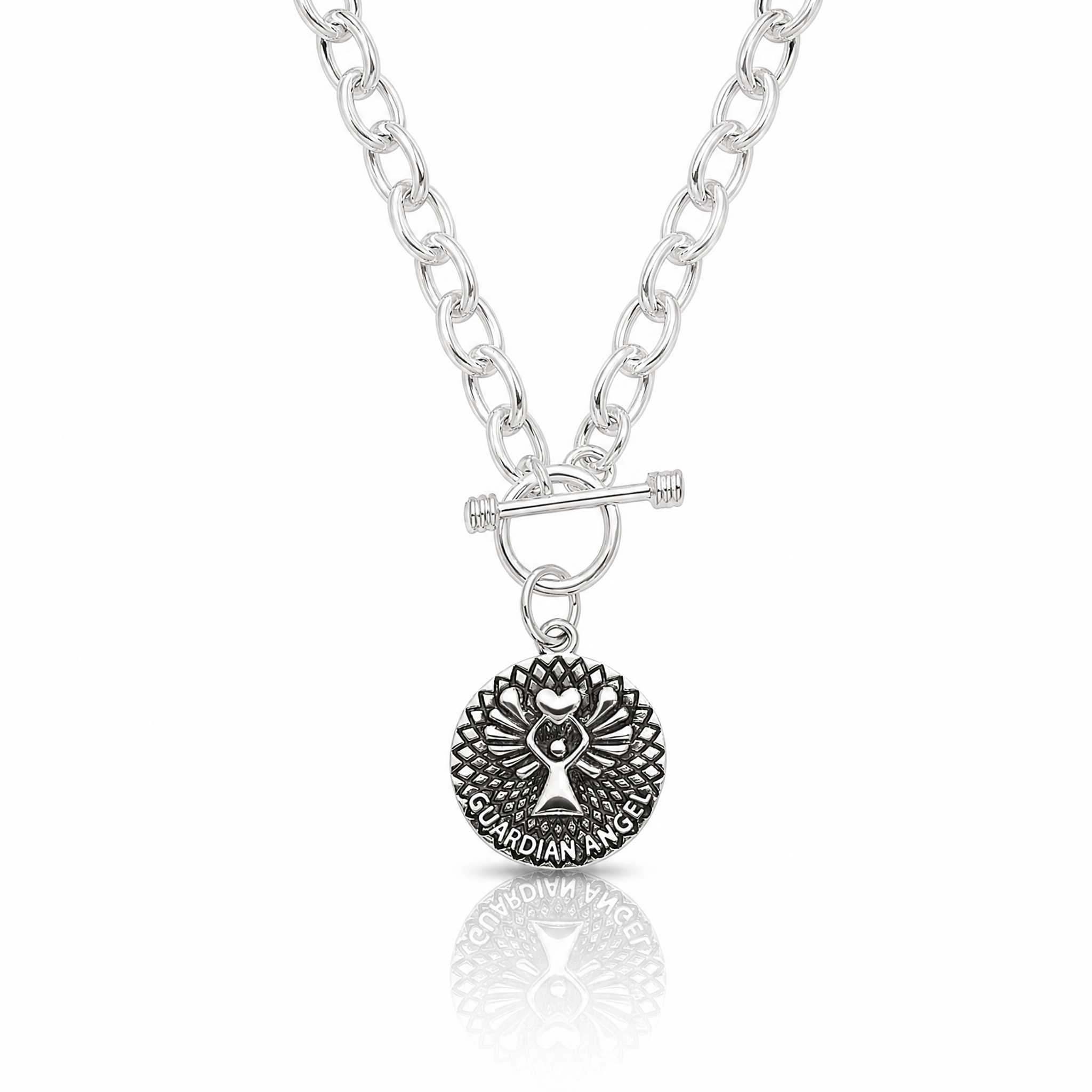 Sterling Silver Oxidized Dangle GUARDIAN ANGEL Toggle Clasp Necklace - Lifestyle View