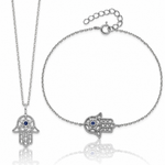 Sterling Silver RH-plate Cr.Blue Spinel and CZ Hamsa Bracelet/Necklace Set - Lifestyle View