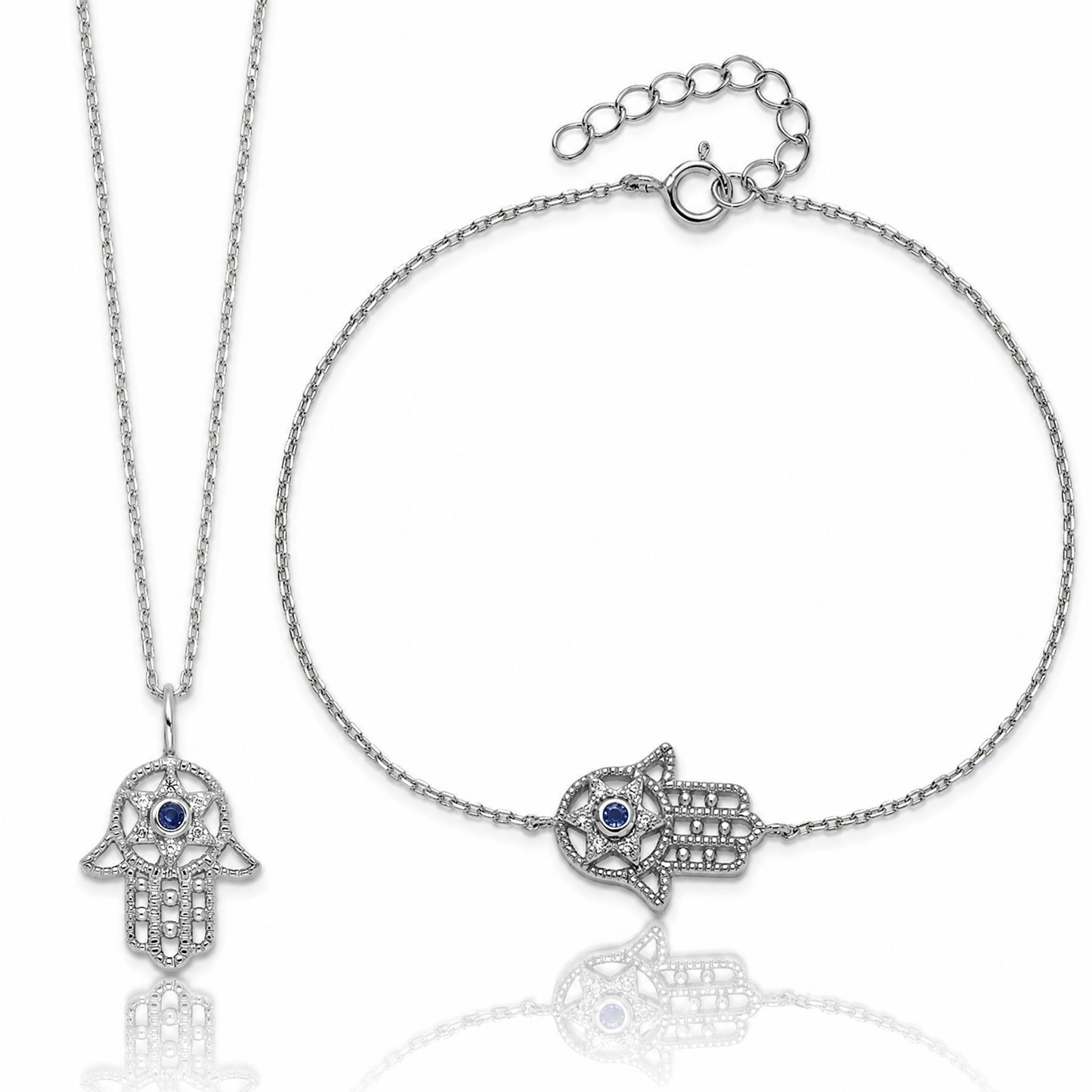 Sterling Silver RH-plate Cr.Blue Spinel and CZ Hamsa Bracelet/Necklace Set - Lifestyle View