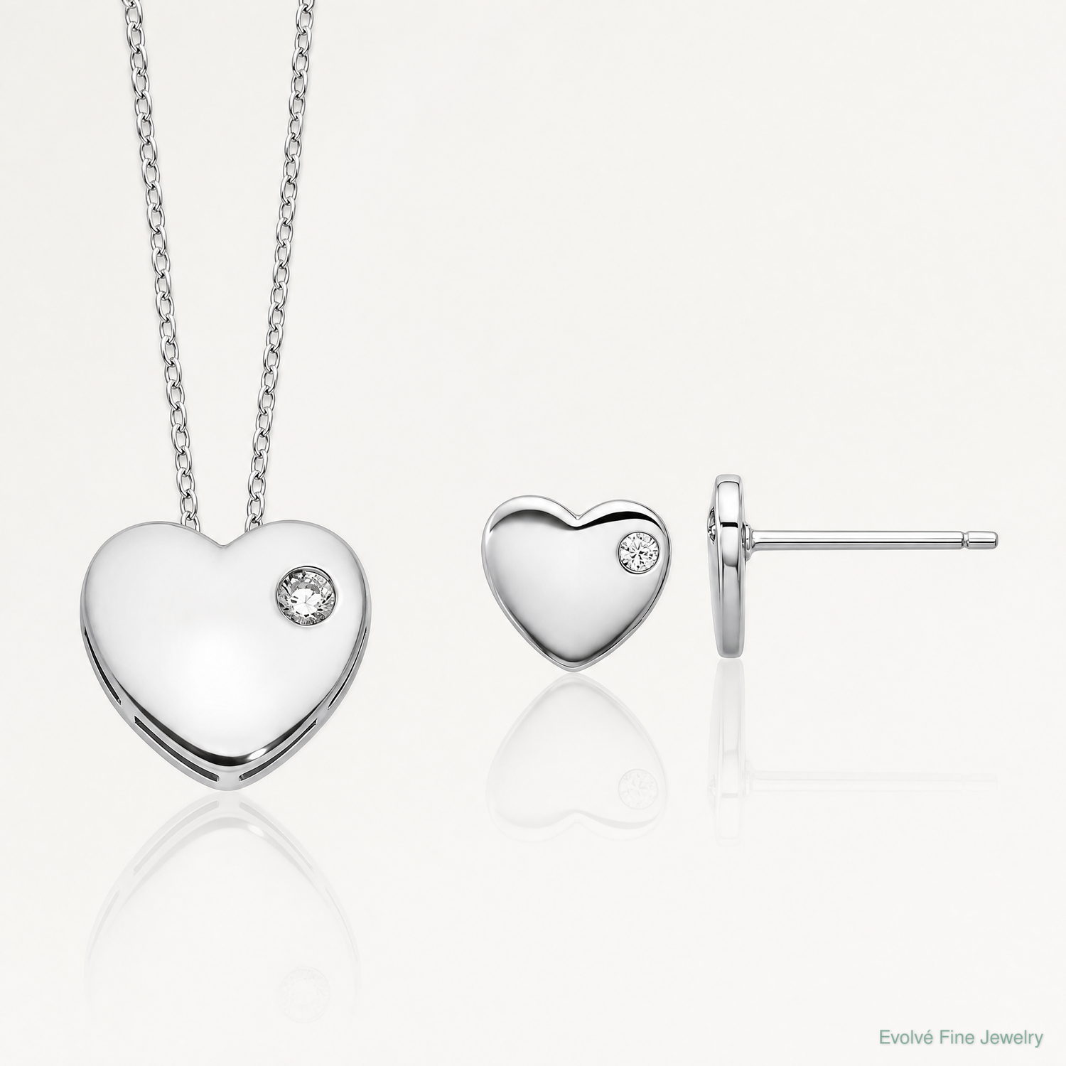 Sterling Silver RH-plated CZ Heart 18in Necklace and Post Earring Set - Lifestyle View