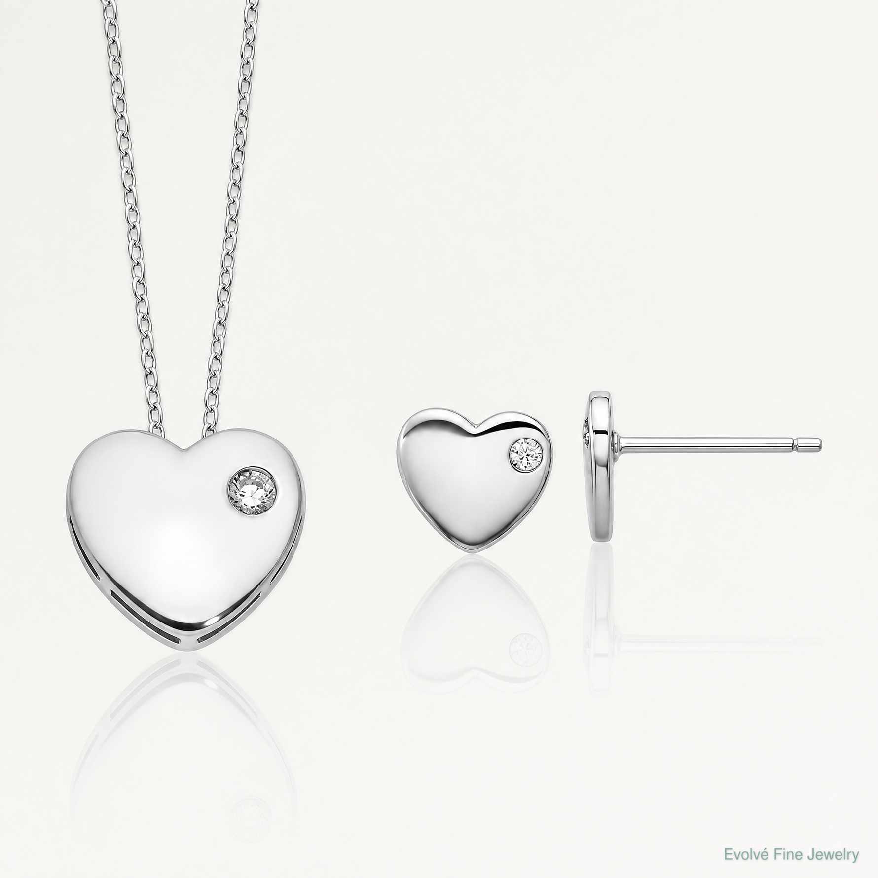 Sterling Silver RH-plated CZ Heart 18in Necklace and Post Earring Set - Lifestyle View