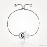 SS RH-pltd Polished CZ and Cr. Blue Spinel Evil Eye Hamsa Adj Bolo Bracelet - Lifestyle View