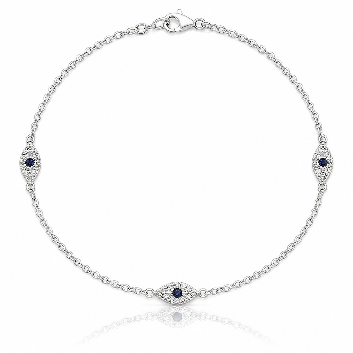 Sterling Silver Polished Blue and White CZ Evil Eye 7in w/ 1in Ext Bracelet - Lifestyle View