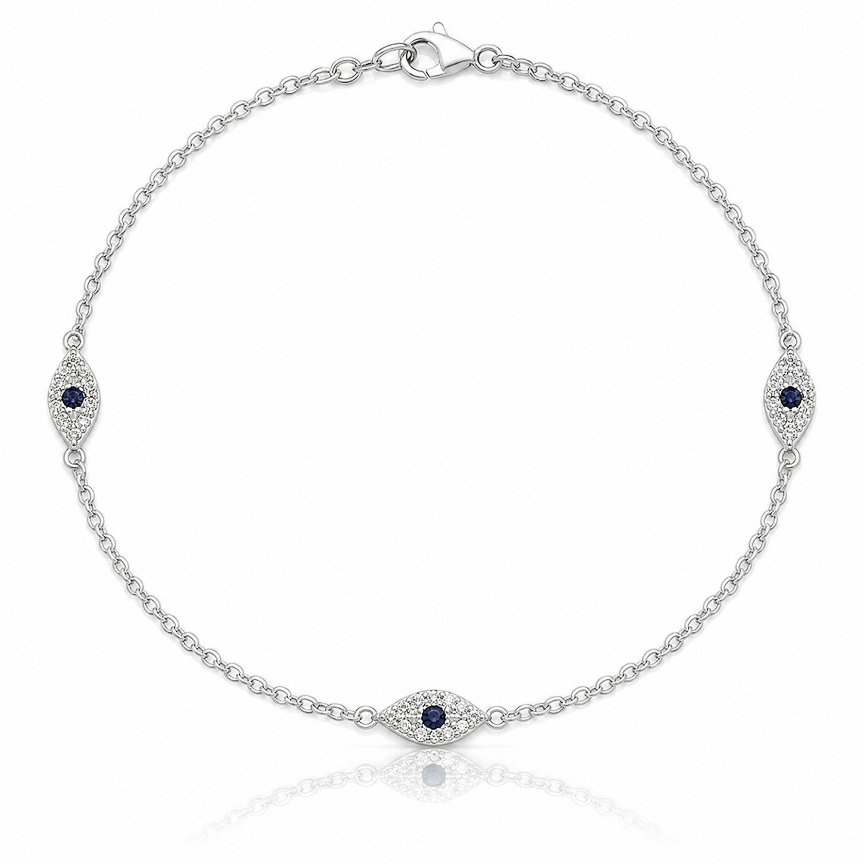 Sterling Silver Polished Blue and White CZ Evil Eye 7in w/ 1in Ext Bracelet - Lifestyle View
