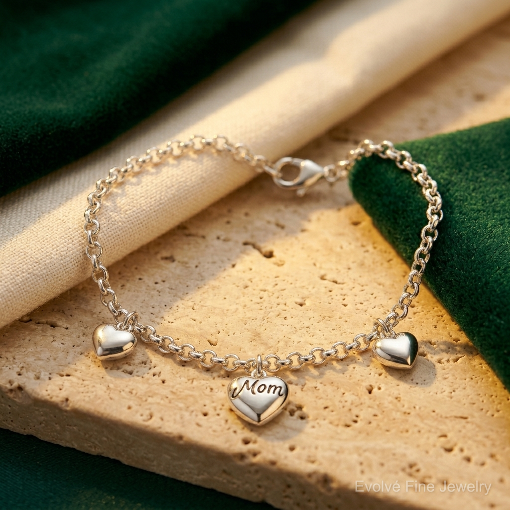 Sterling Silver Rh-plat Heart Enamel Mom Heart 6.5in w/.75in ext Bracelet - Lifestyle View