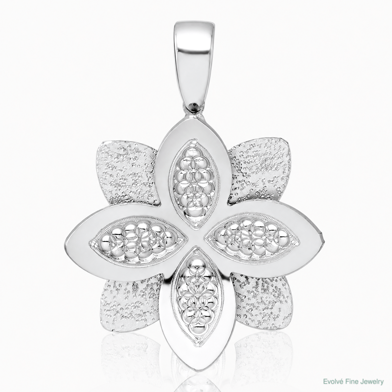 Sterling Silver Rhodium-plated Polished Textured Flower Pendant - Lifestyle View