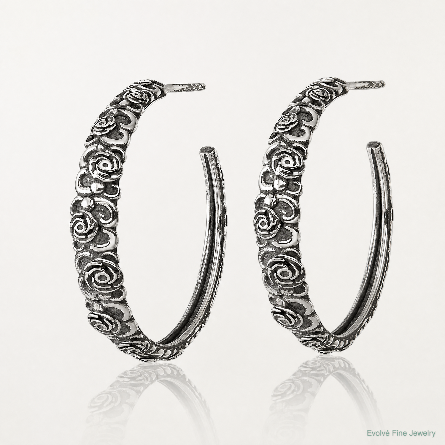 Sterling Silver Antiqued Graduated Floral Post Hoop Earrings - Lifestyle View