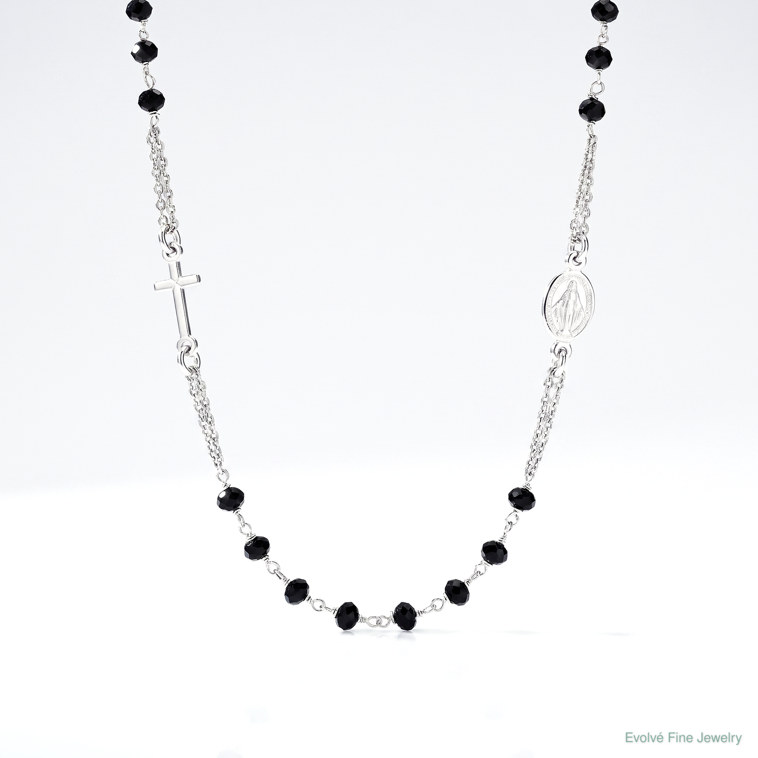 Sterling Silver Rh-plat Blk Crystal  20in w/.5in ext Rosary Themed Necklace - Lifestyle View