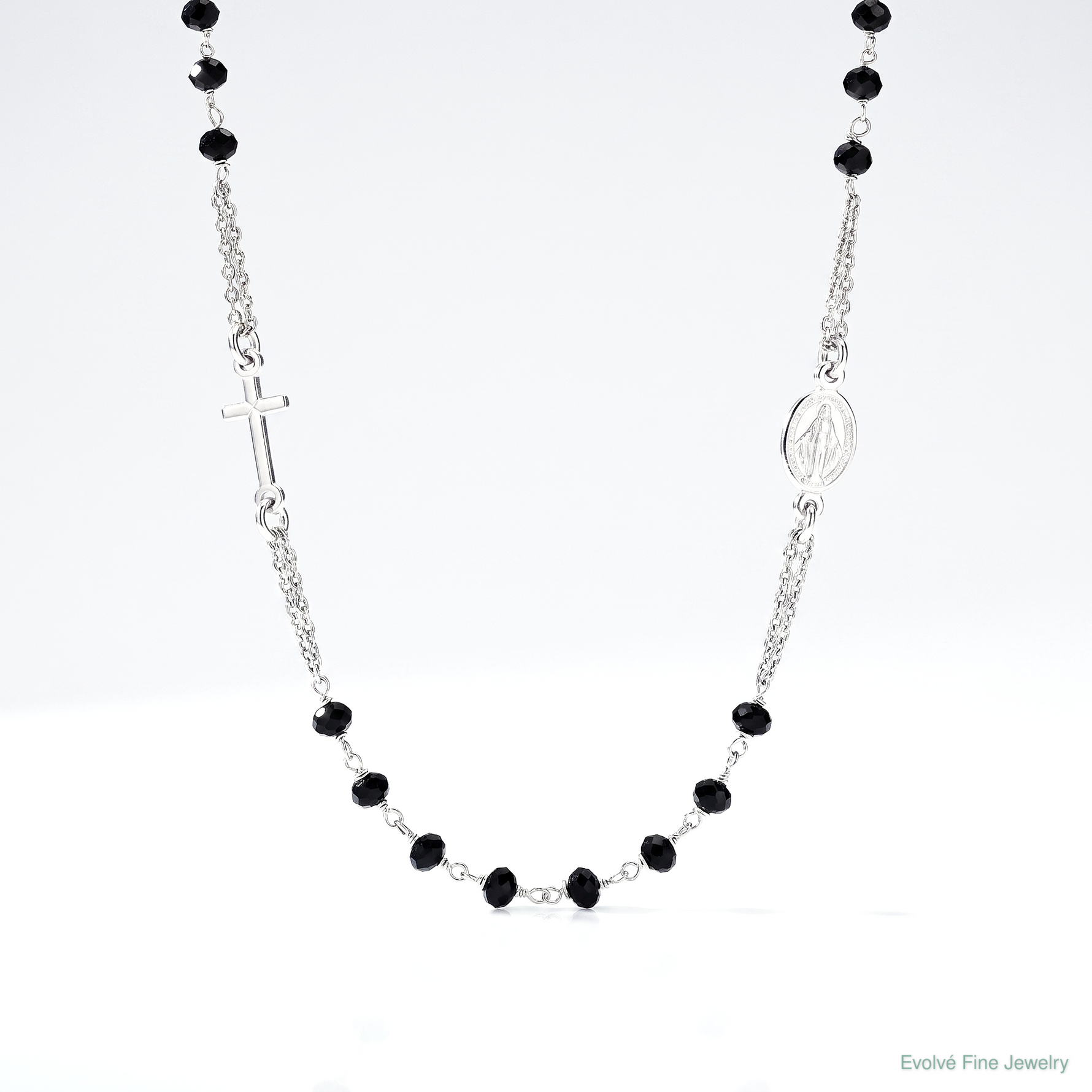 Sterling Silver Rh-plat Blk Crystal  20in w/.5in ext Rosary Themed Necklace - Lifestyle View