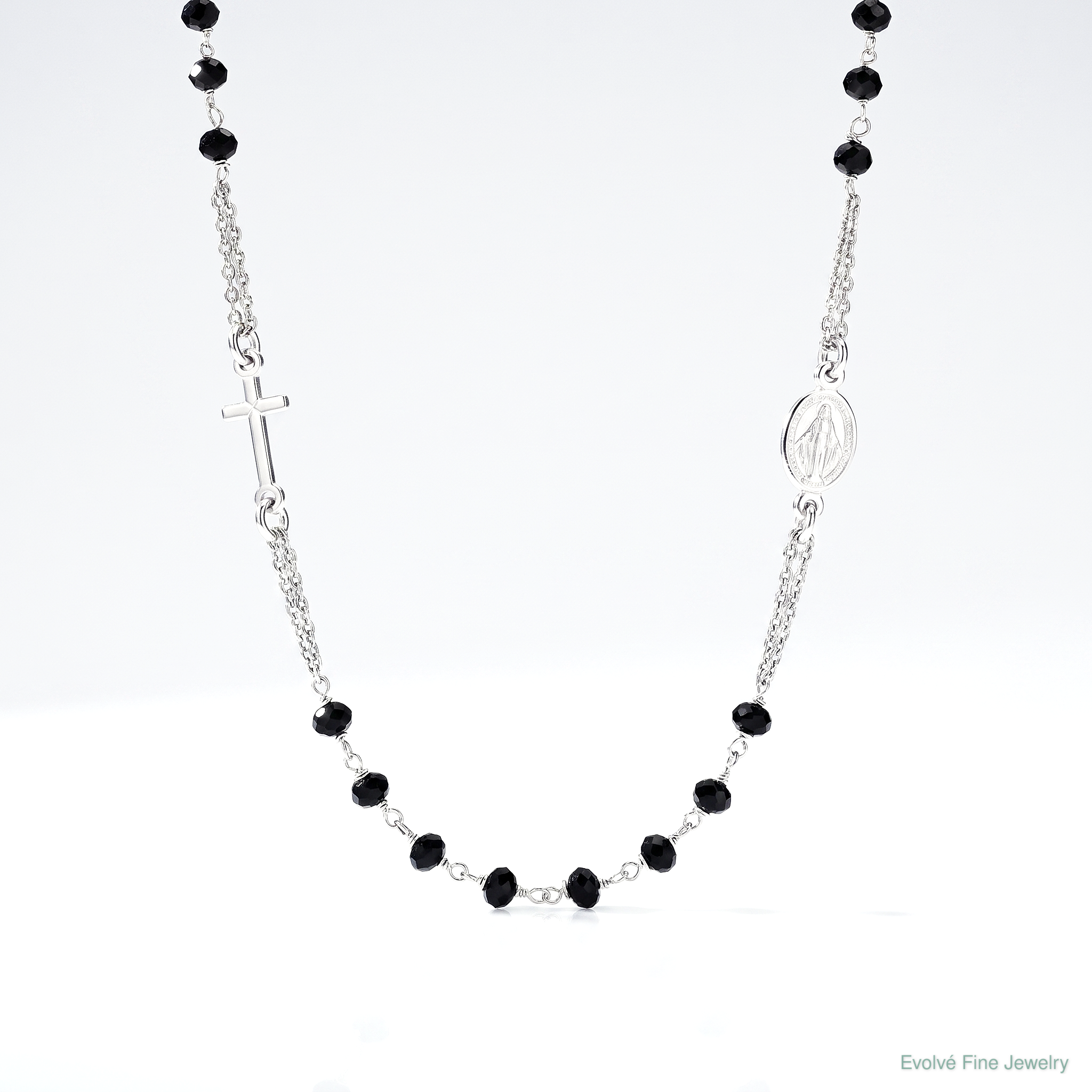 Sterling Silver Rh-plat Blk Crystal  20in w/.5in ext Rosary Themed Necklace - Lifestyle View