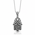 Sterling Silver RH-plated Polished/Oxidized Filigree Hamsa 18 Inch Necklace - Lifestyle View