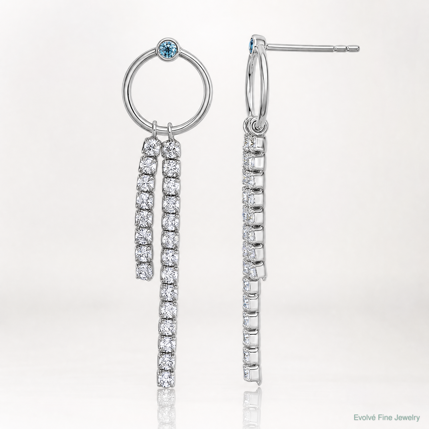 Sterling Silver Rhodium-plated Blue & White CZ Dangle Post Earrings - Lifestyle View