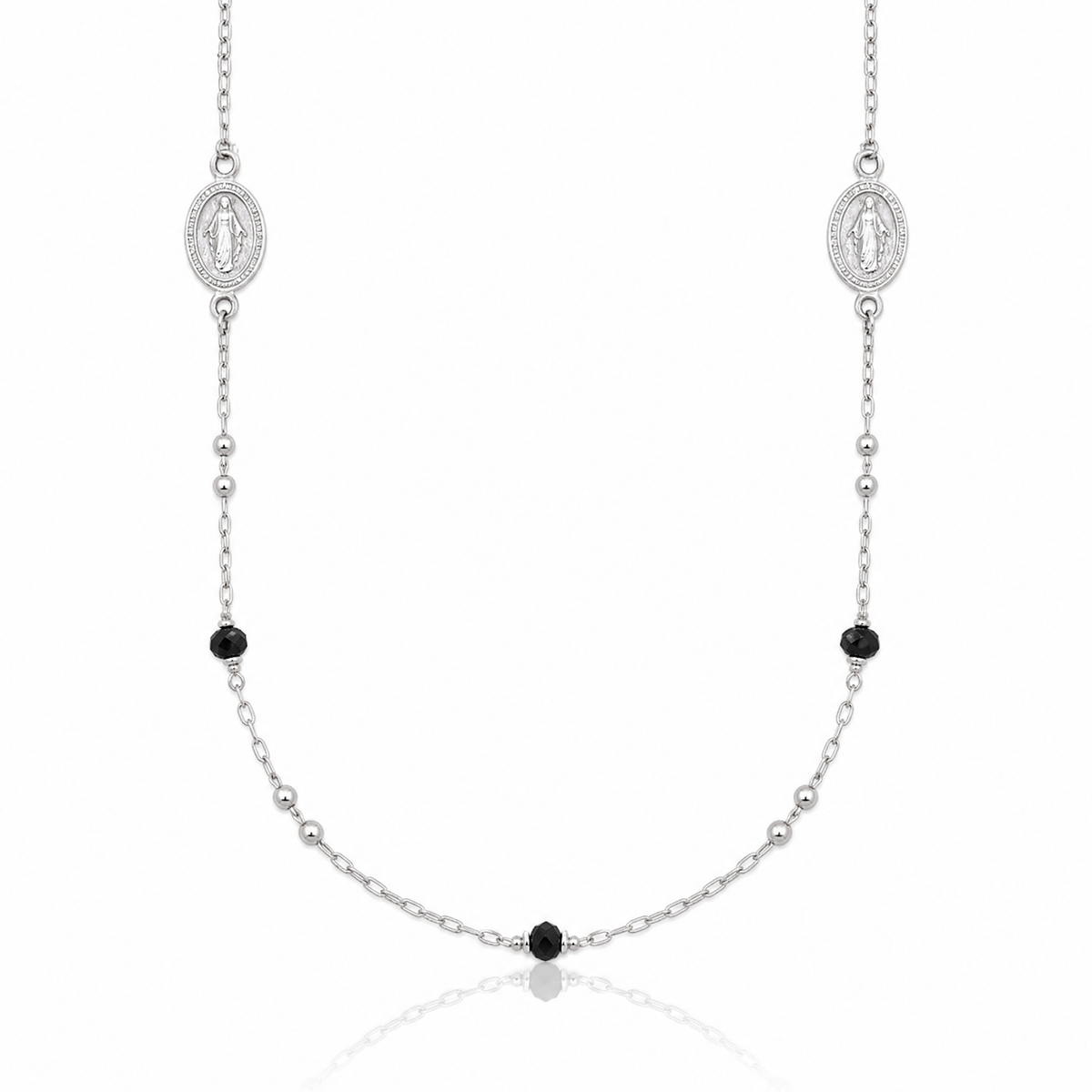 Sterling Silver Textured Black Glass Beads Miraculous Medal Necklace - Lifestyle View