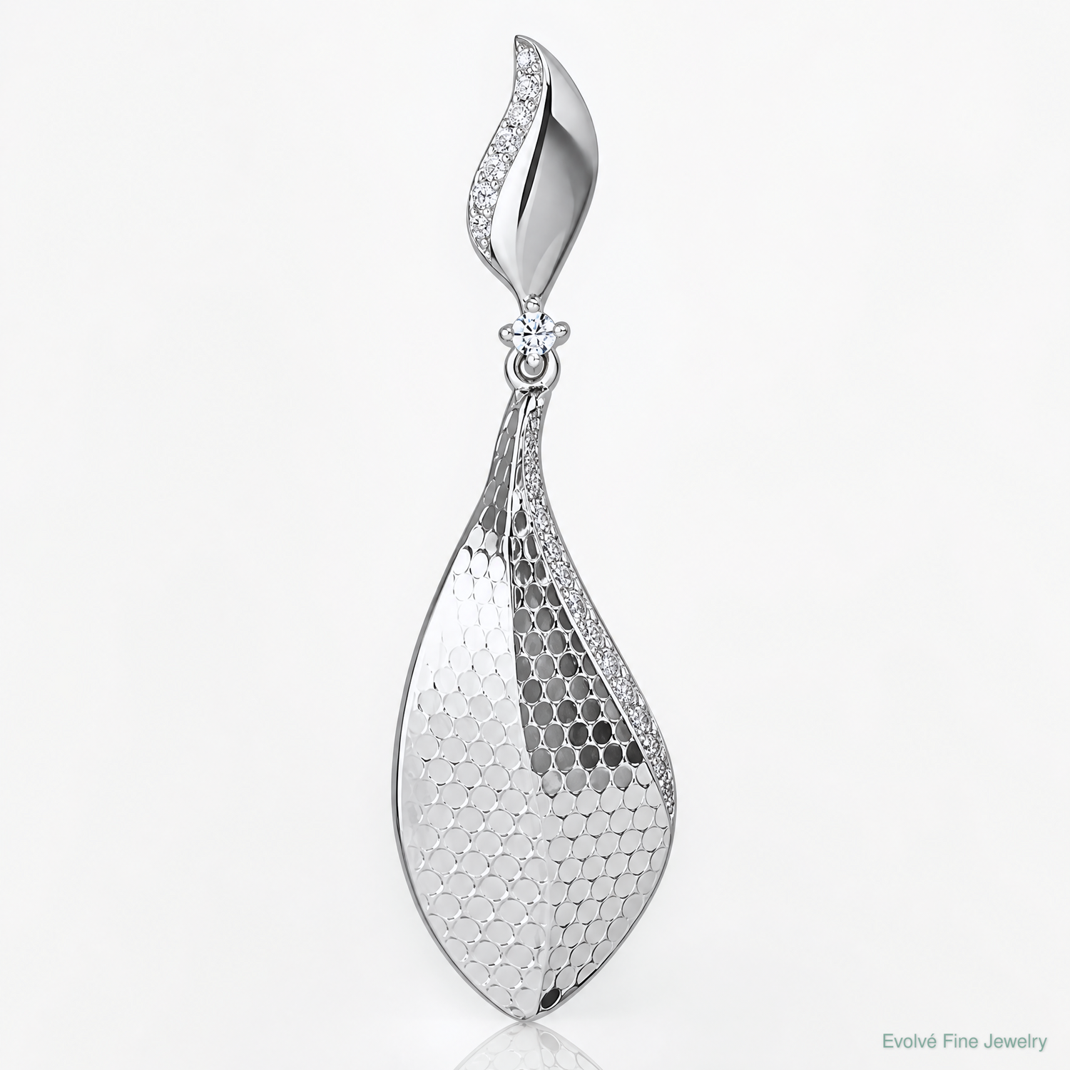 Sterling Silver Rhodium-plated CZ Textured Tear Drop Pendant - Lifestyle View