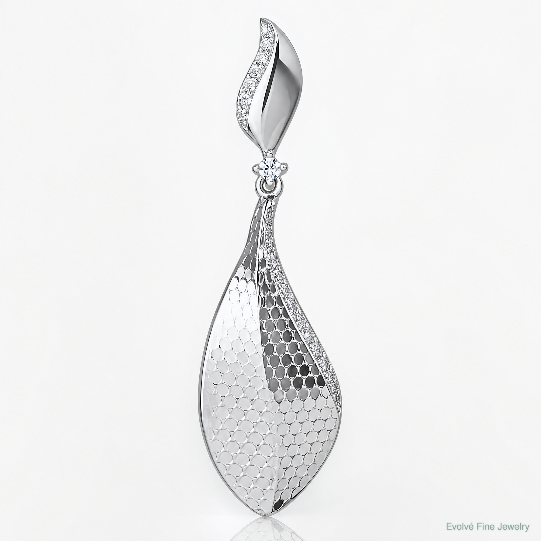 Sterling Silver Rhodium-plated CZ Textured Tear Drop Pendant - Lifestyle View