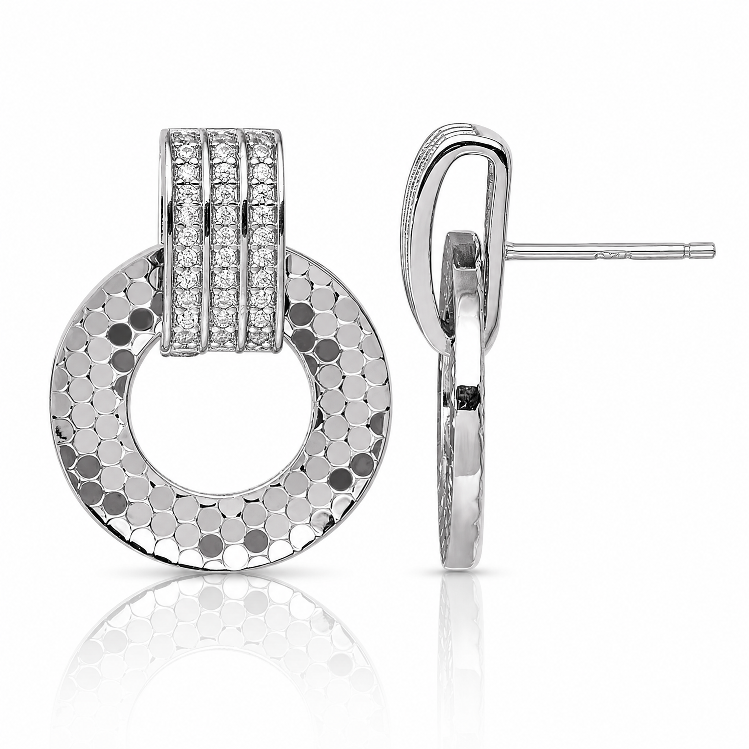 Sterling Silver RH Plated CZ Textured Moveable Circle Dangle Post Earrings - Lifestyle View