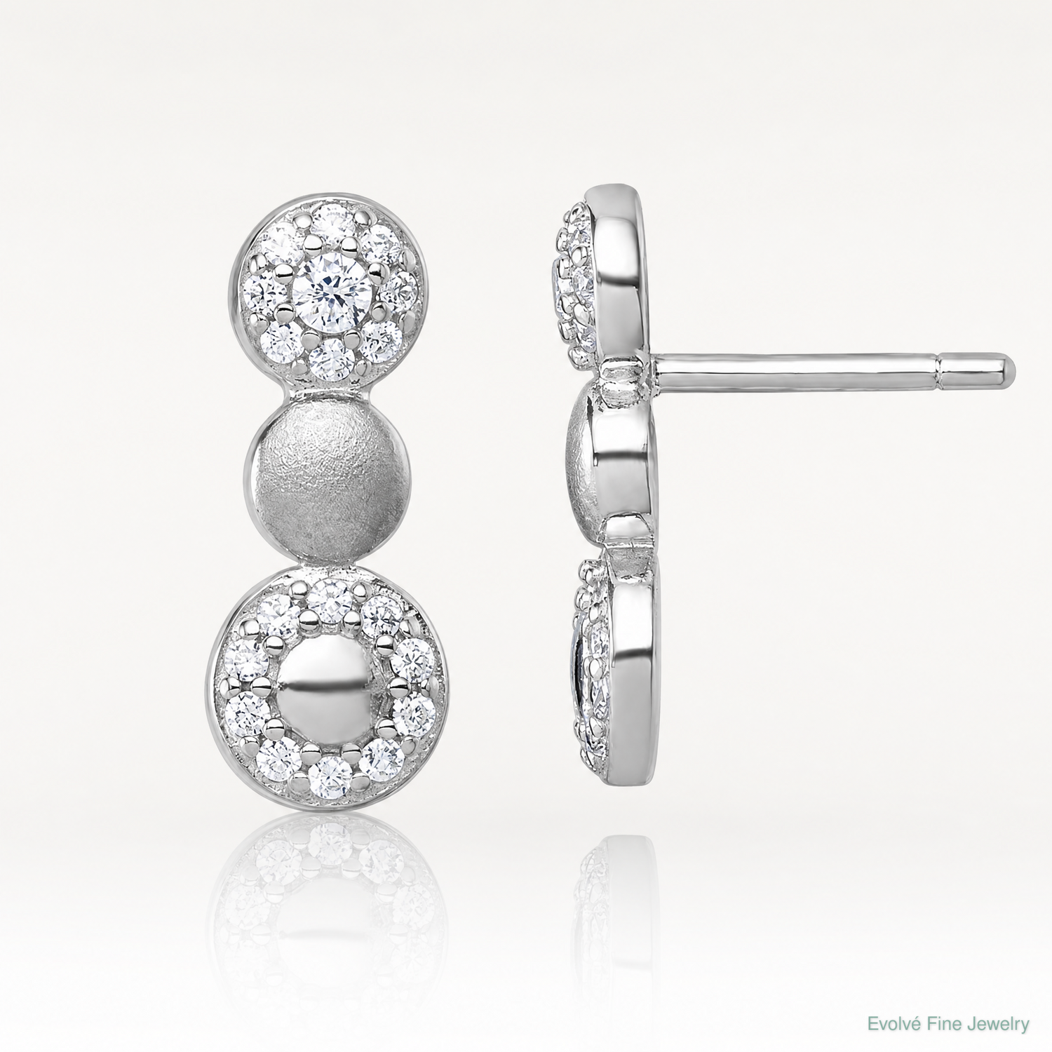 Sterling Silver Rhodium-plated Polished and Satin CZ Circles Post Earrings - Lifestyle View