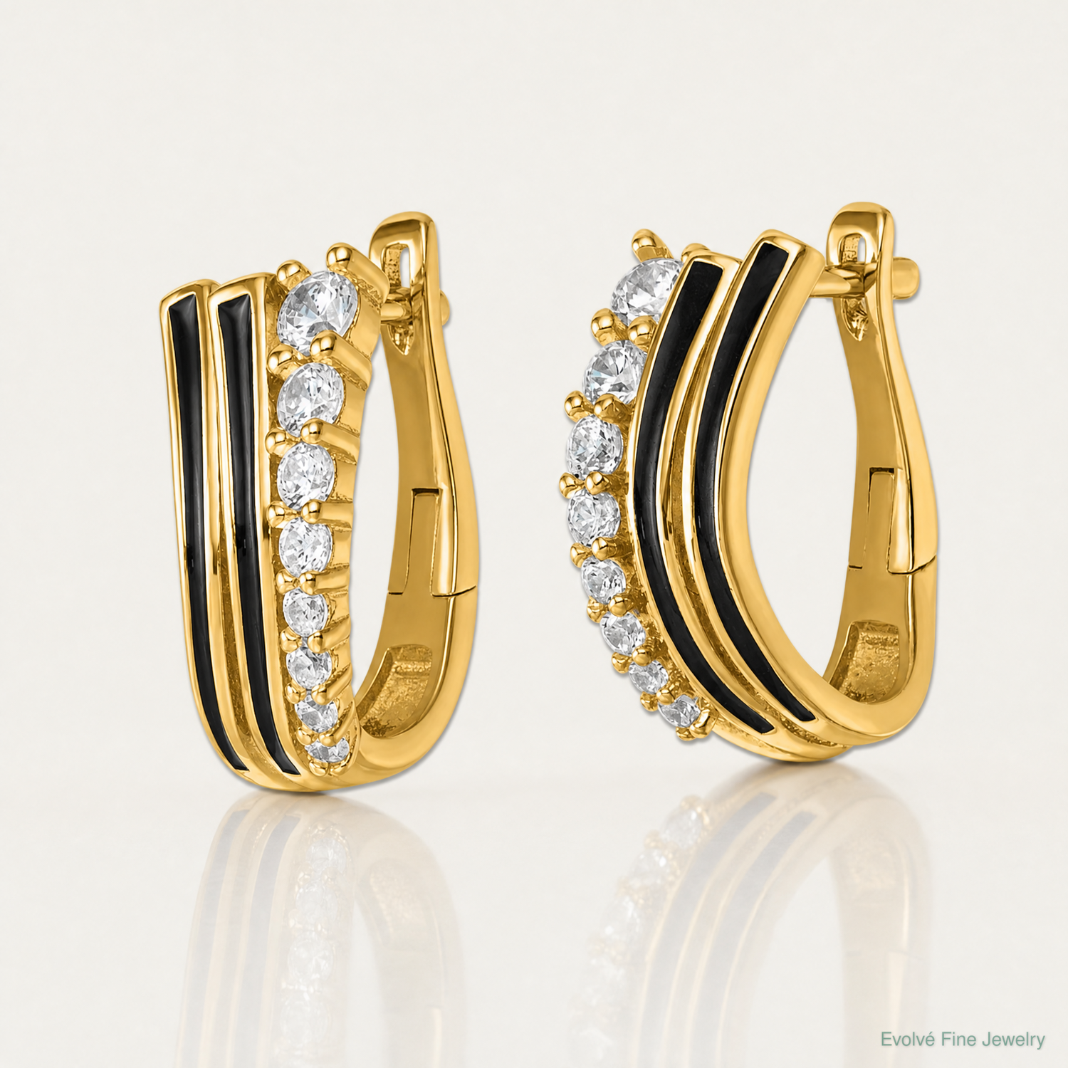 Sterling Silver Gold-tone Black Enamel CZ Hinged Hoop Earrings - Lifestyle View