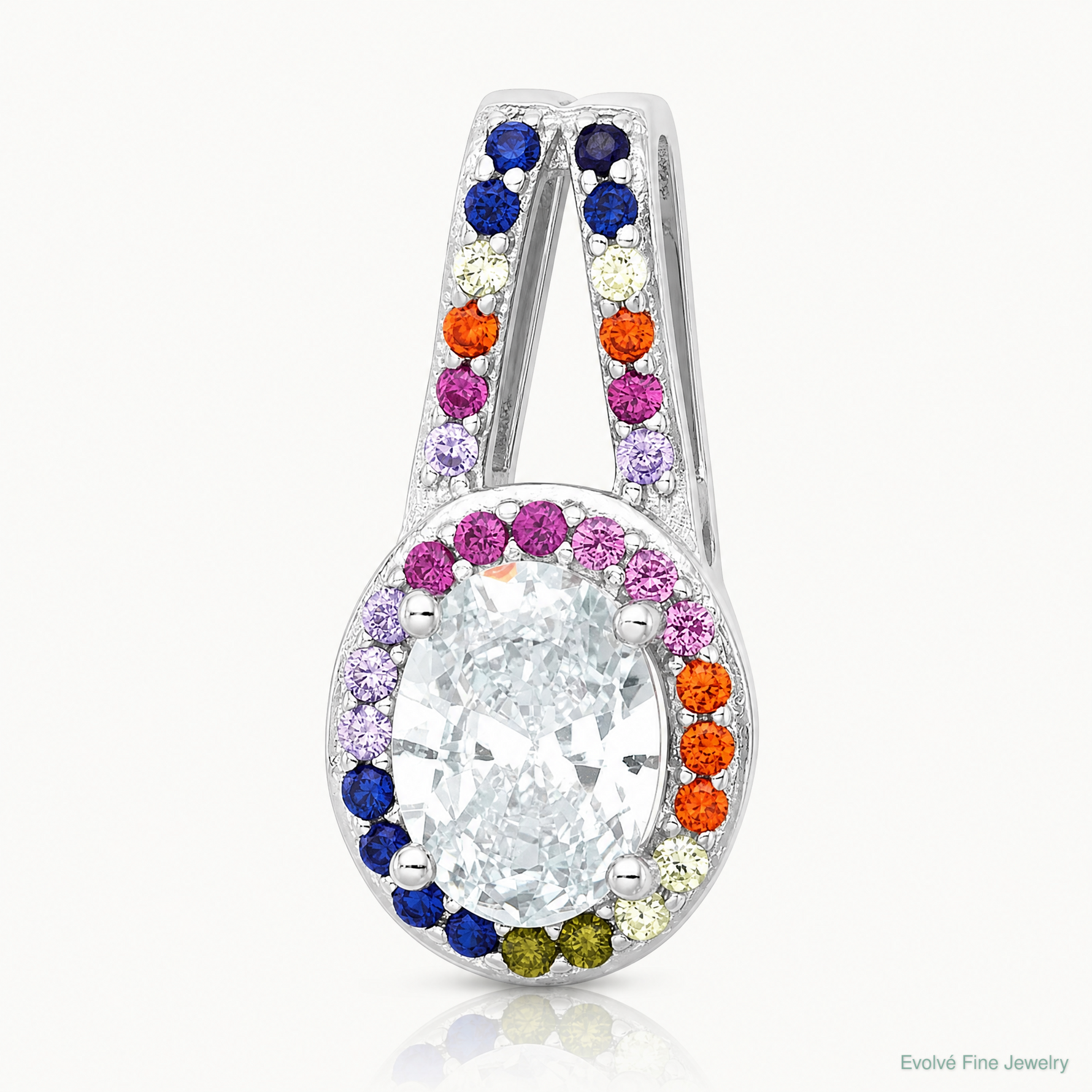 SS RH-plated Polished Multicolor CZ Oval Halo Chain Slide Pendant - Lifestyle View