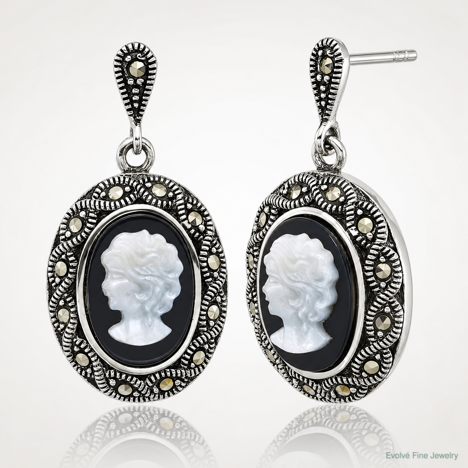 Sterling Silver Antiqued Marcasite Black Agate and MOP Cameo Earrings - Lifestyle View