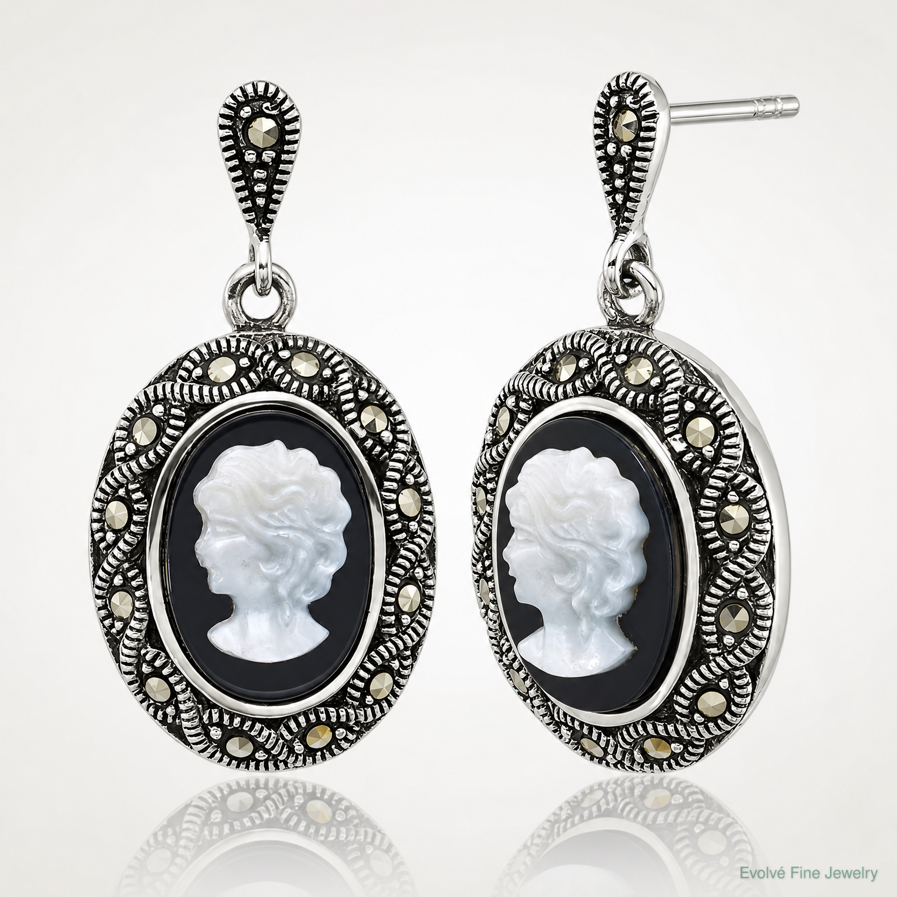 Sterling Silver Antiqued Marcasite Black Agate and MOP Cameo Earrings - Lifestyle View