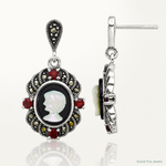 Sterling Silver Antiqued Marcasite Garnet Blk Agate and MOP Cameo Earrings - Lifestyle View