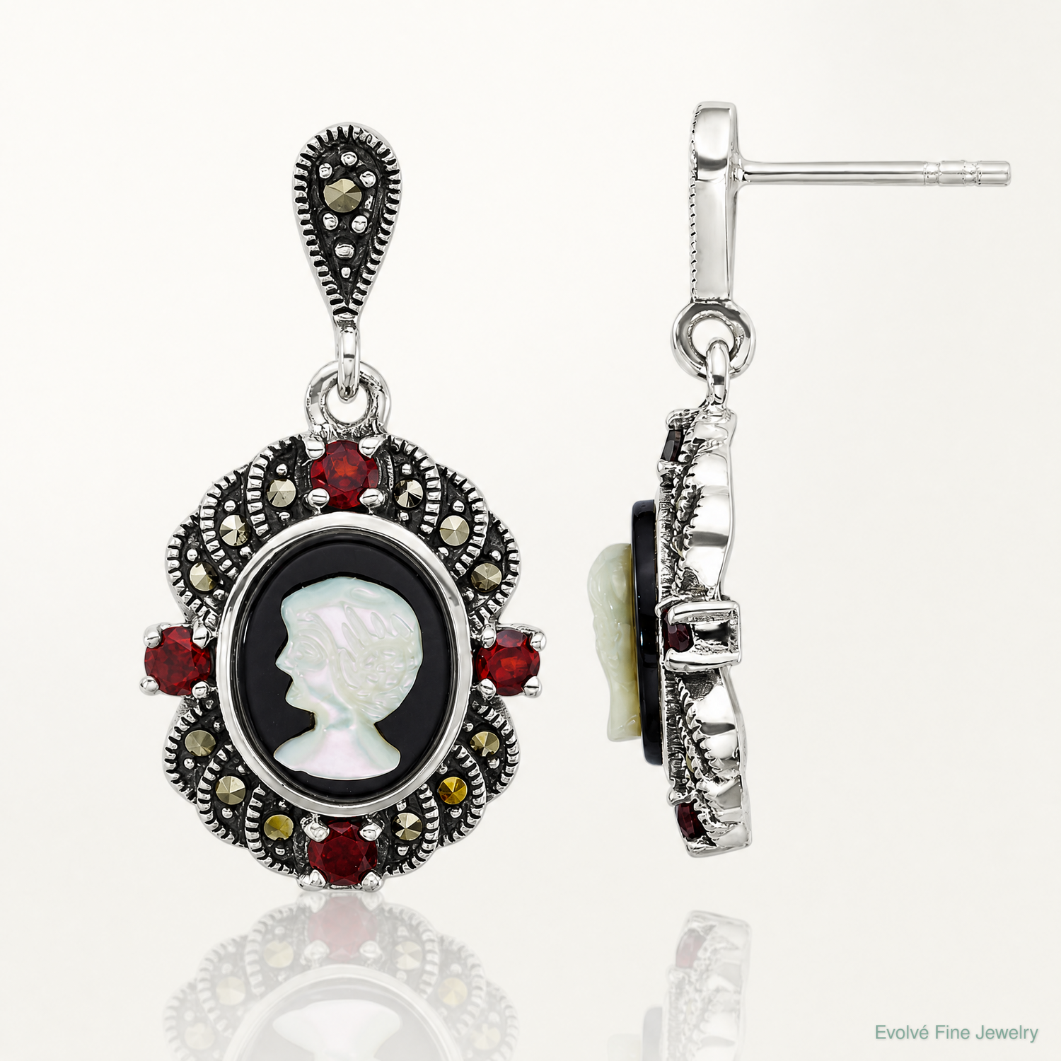 Sterling Silver Antiqued Marcasite Garnet Blk Agate and MOP Cameo Earrings - Lifestyle View